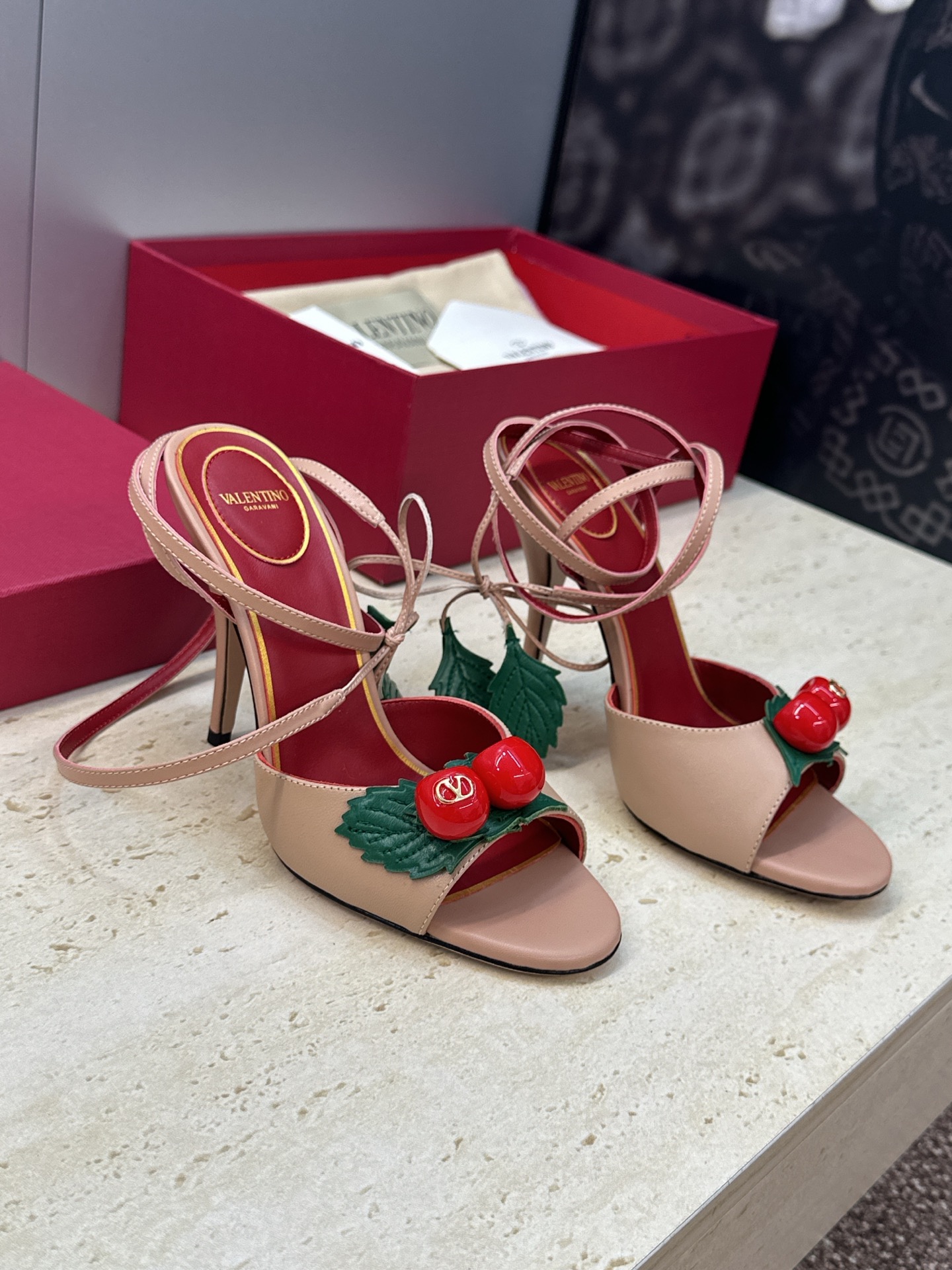 Valentino Garavani Nude 3D Cherry Leather Leaf Charm Metallic Leather Stiletto Toe Heel Sandals