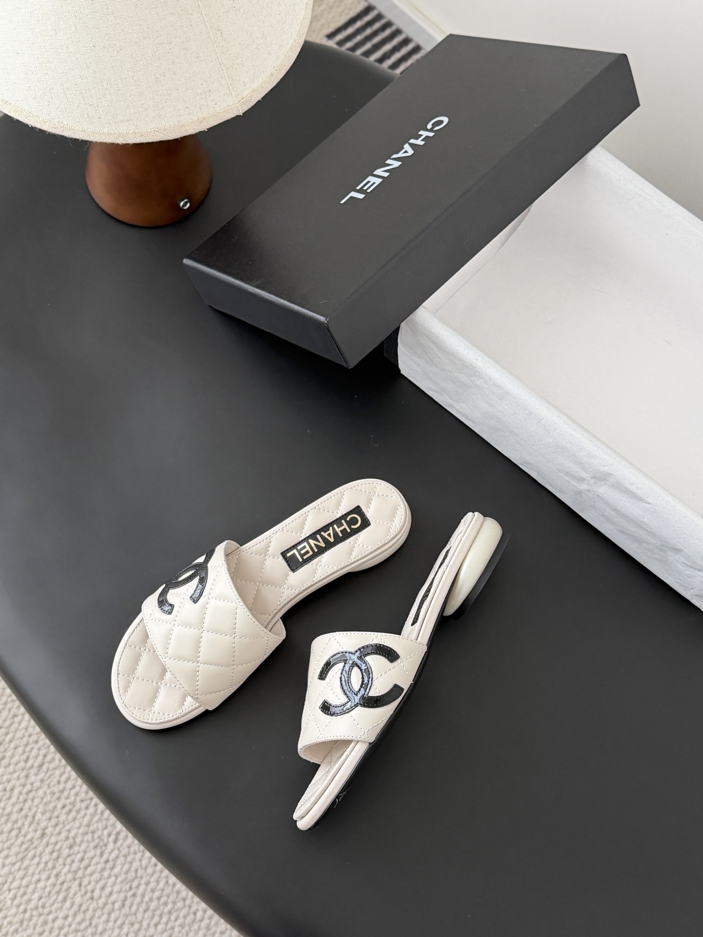 Chanel Quilted Lambskin CC Logo Pearl Flat / Heel Slide Sandals