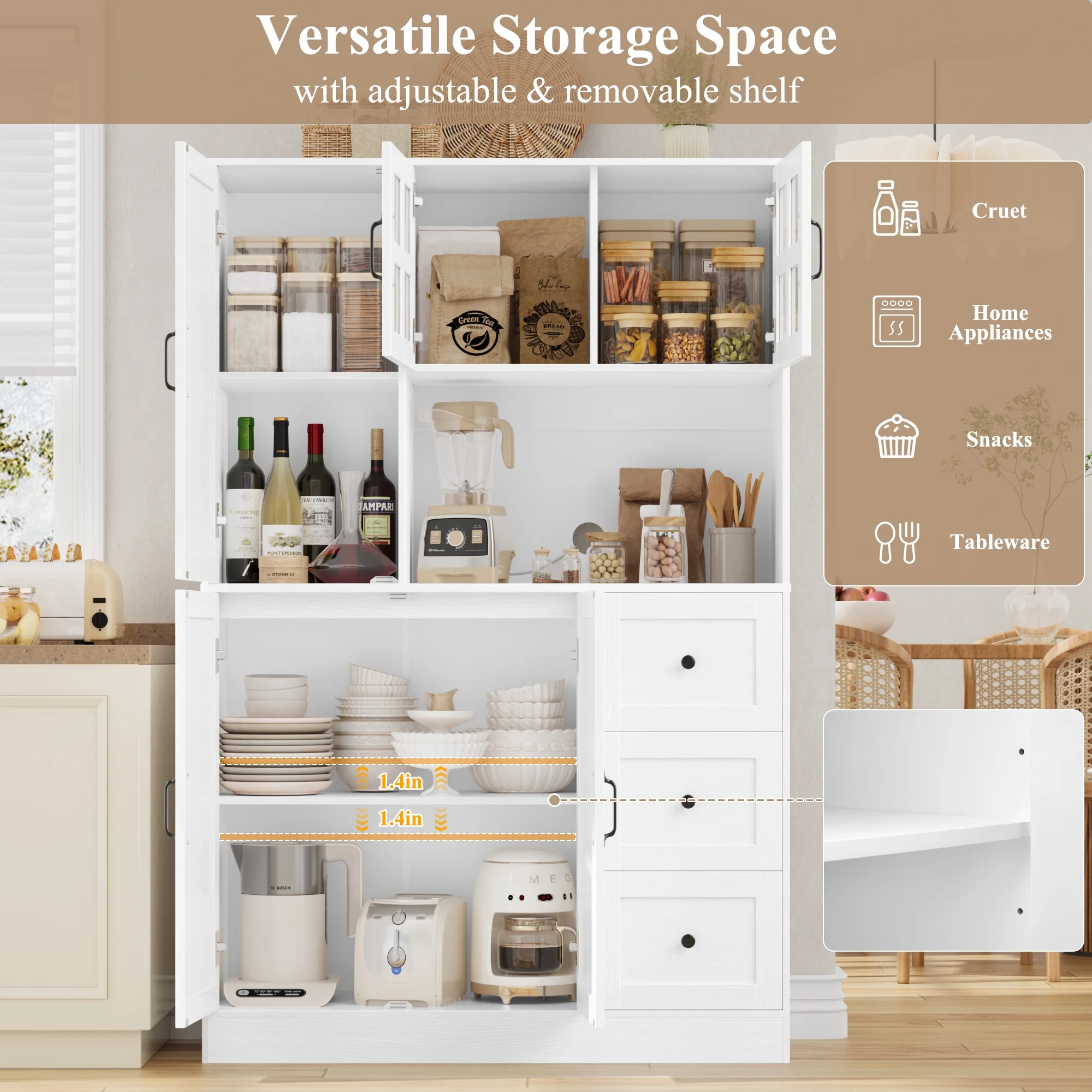 Homfa 62 Farmhouse Pantry Cabinet with Microwave Shelf, Kitchen Hutch with Adjustable Shelves, 5-doors Freestanding Cupboard for Living Dining Room, White
