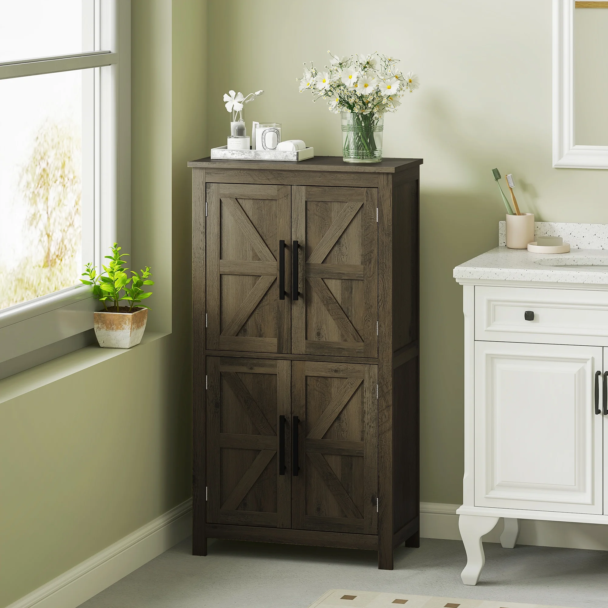 HOMCOM Bathroom Floor Cabinet, Farmhouse Bathroom Cabinet with Doors, Brown