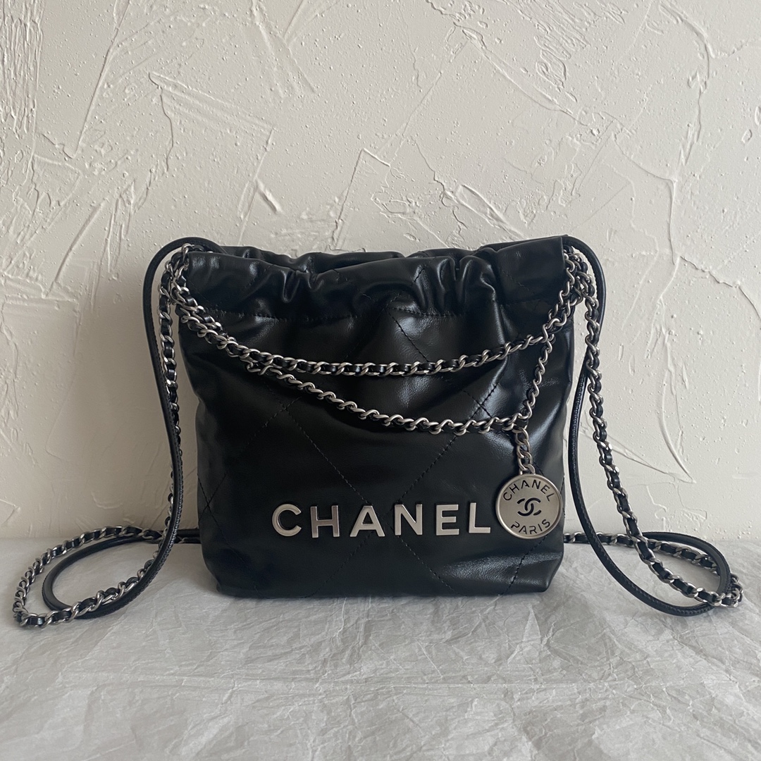 Chanel 22 Mini Handbag Shiny Calfskin & Silver-Tone Metal Black