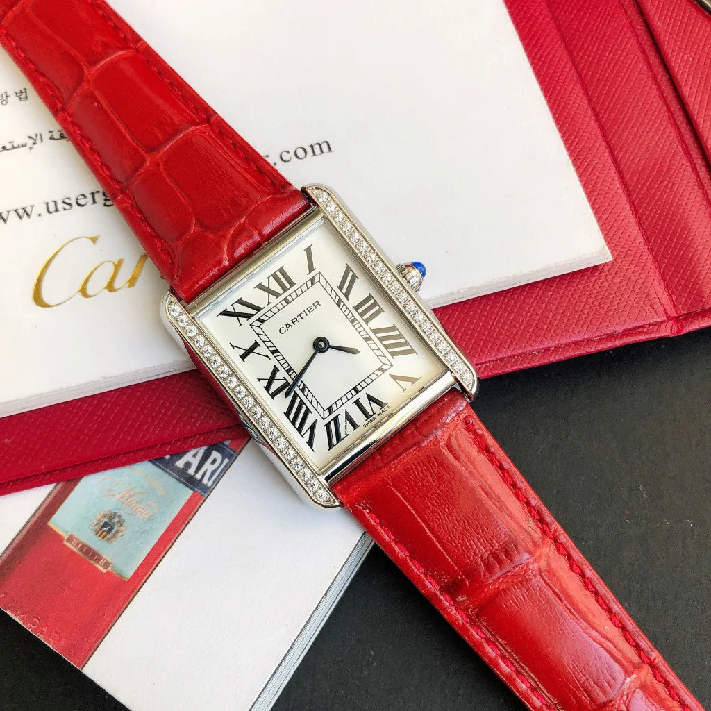 Cartier Watch TANK SOLO STEEL DIAMOND BEZEL RED CROCODILE LEATHER