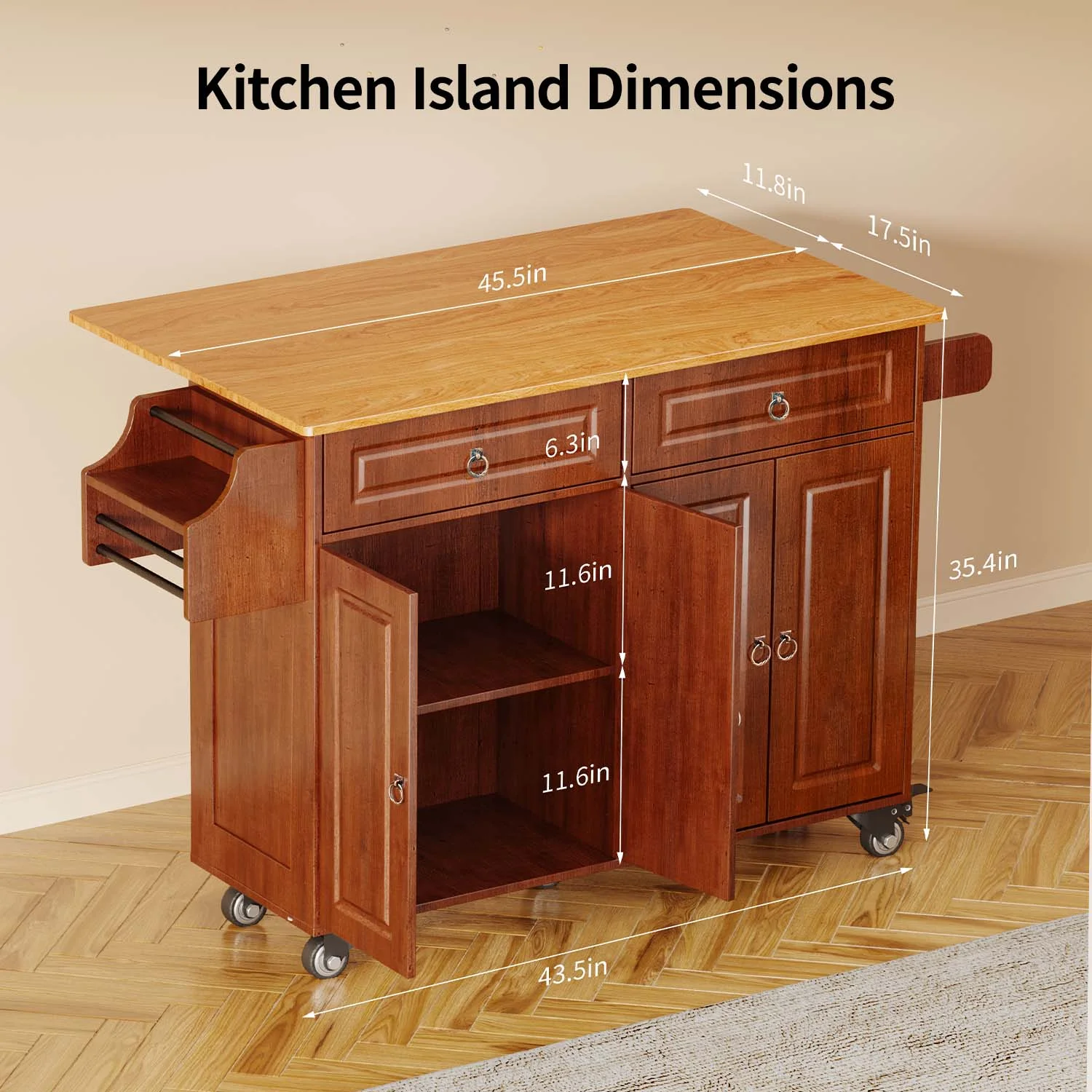 Lofka Kitchen Islands Carts with Storage, 52�� kitchen Islands with 2 Storage Cabinet, Spice Rack, Towel Rack, Brown