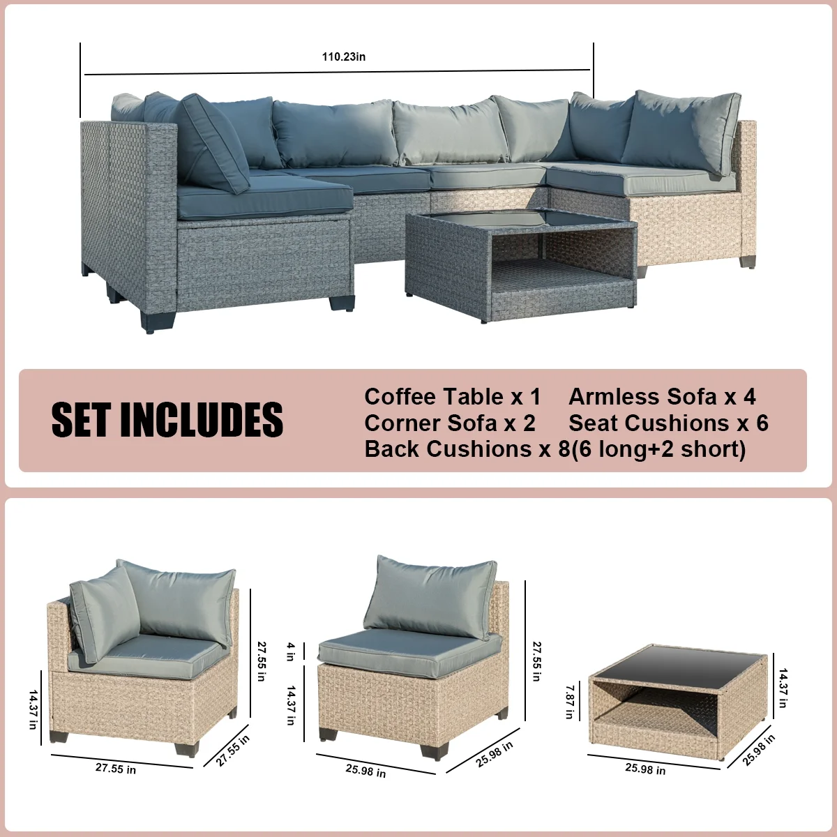 12-Piece Outdoor Wicker Patio Sectional Sofa Set with Cushions and Glass Coffee Table, Modular Design