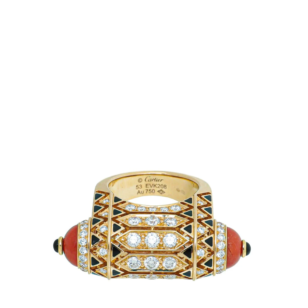 Cartier 18K Rose Gold Geometry Contrast Coral, Onyx, Black Lacquer, Diamonds Ring 53