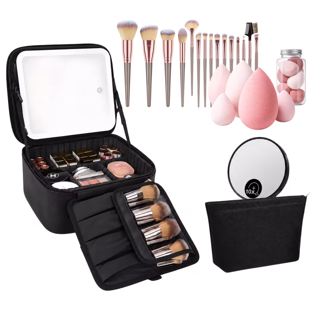 CosmoGlo  Makeup Case with Brush & Sponge Set