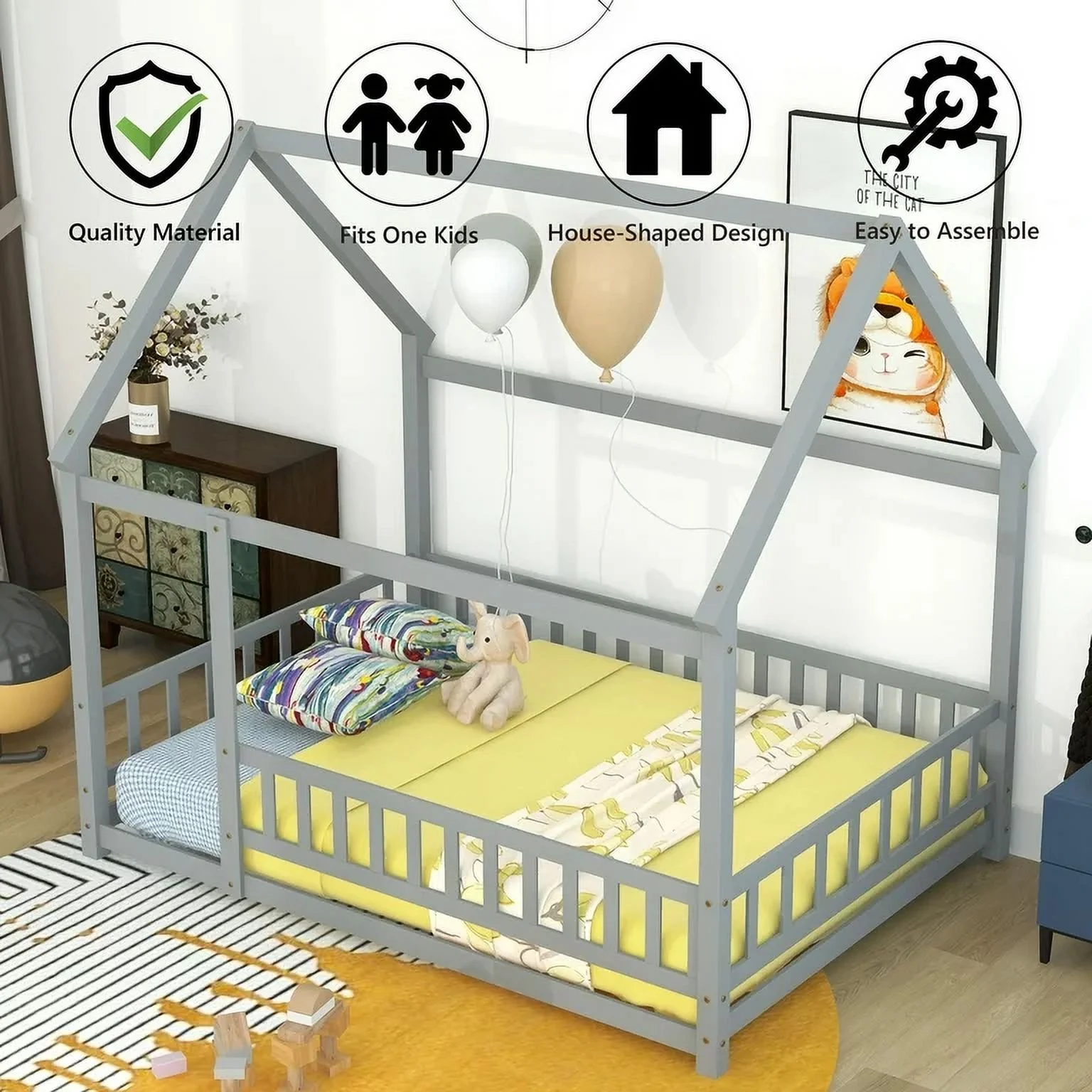 Full Size House Floor Bed, Wood Montessori Bed Frame with Fence Guardrails, House Beds Frame No Box Spring NeededFull, Gray)