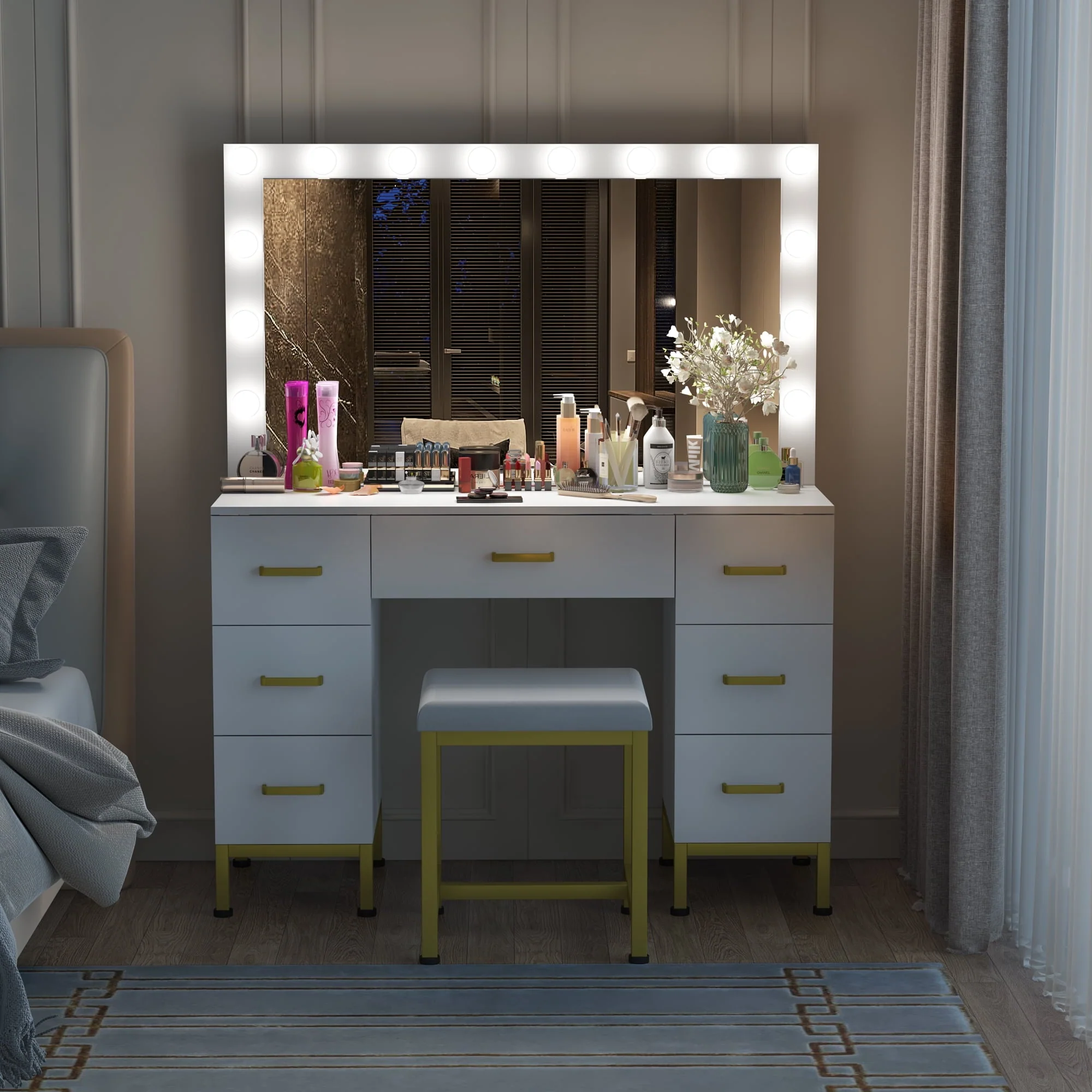 PAKASEPT Vanity Set with Lighted Mirror, Makeup Vanity Dressing Table with 14PCS LED Bulbs, Cushioned Stool & 7 Drawers, Large 44" White Vanity for Bedroom, Powder Room