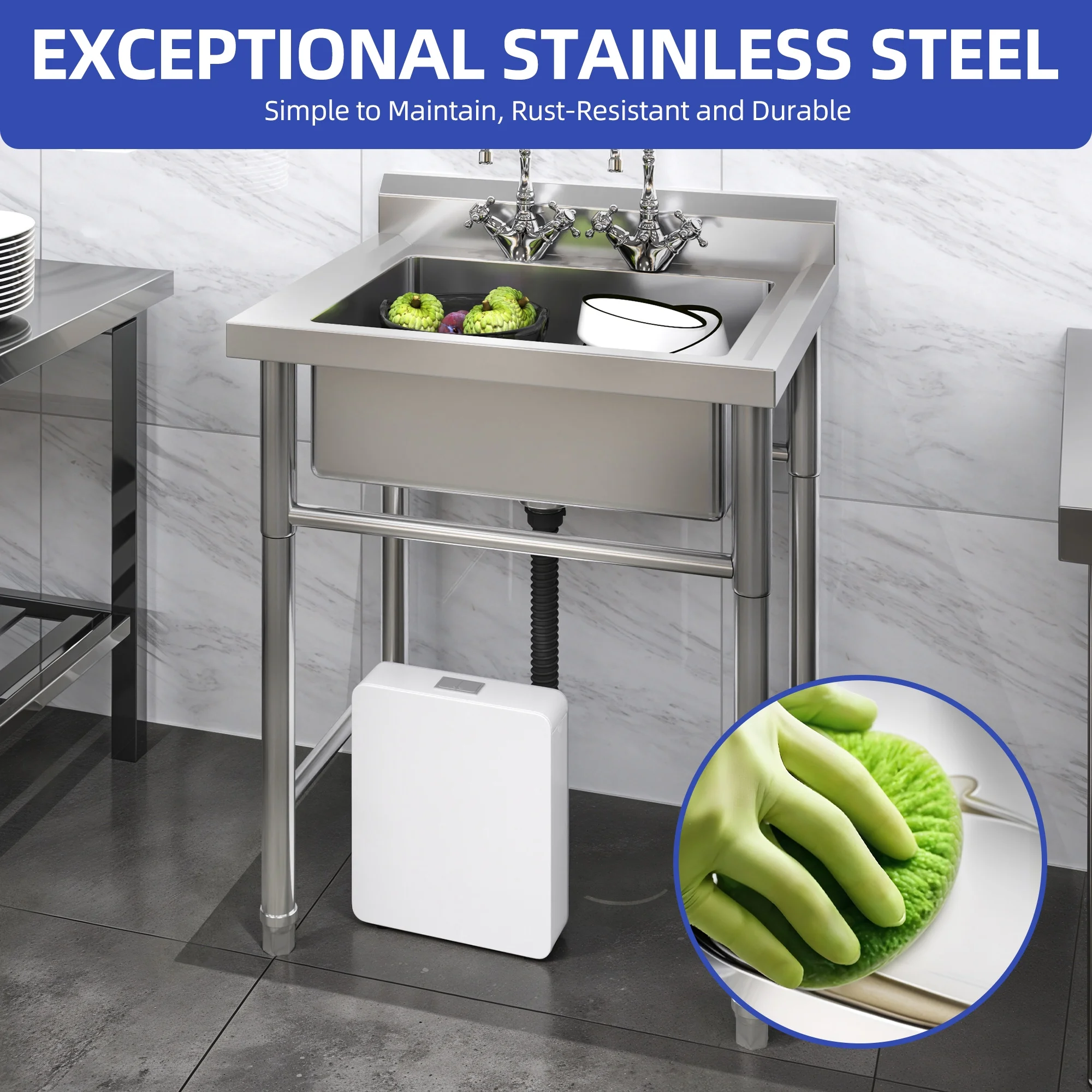 ModFusion 29" NSF Certified Stainless Steel Sink, Freestanding Commercial, Hand Washing Basin, Deep Single Bowl, Kitchen Prep Utility Drain Kit