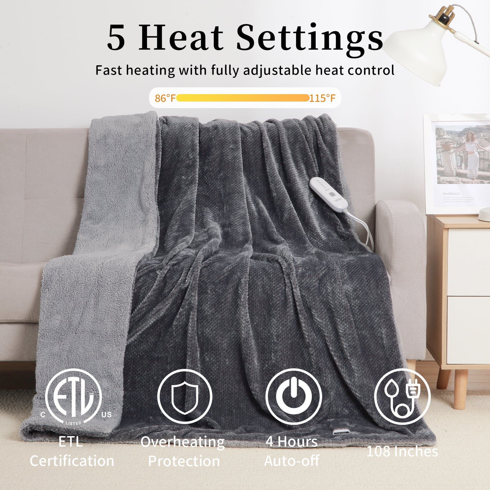 GAOMON Electric Heated Blanket King Size with Dual Control C Sherpa Throw Blanket with 4 Fast Heating Levels & 10 Hours Auto Off, Machine Washable, ETL Certified, Gray