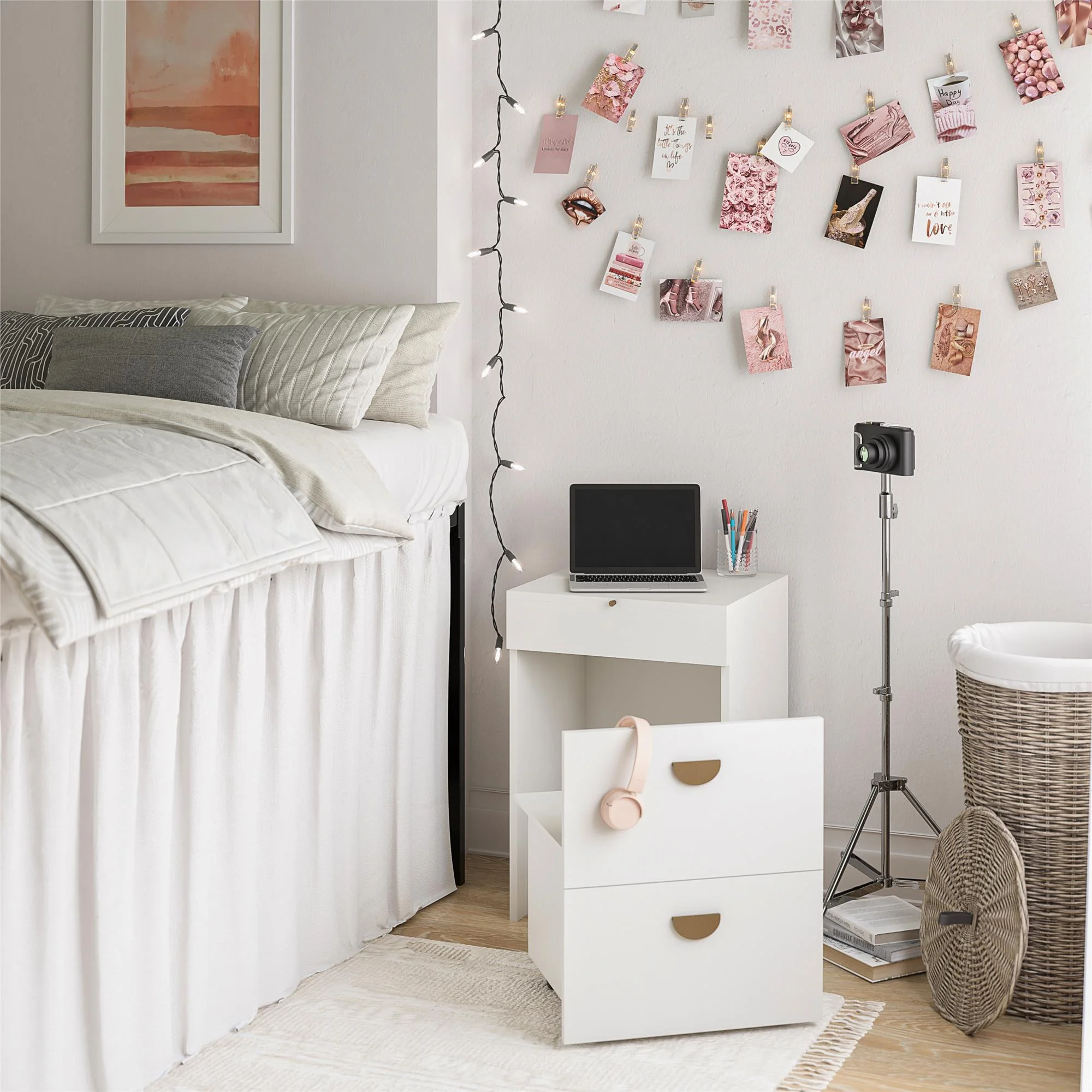 Ameriwood Home Compact 3-in-1 Vanity Set, Makeup Storage Desk & Stool, Mirror w/ LED lights & USB Charging Station, White