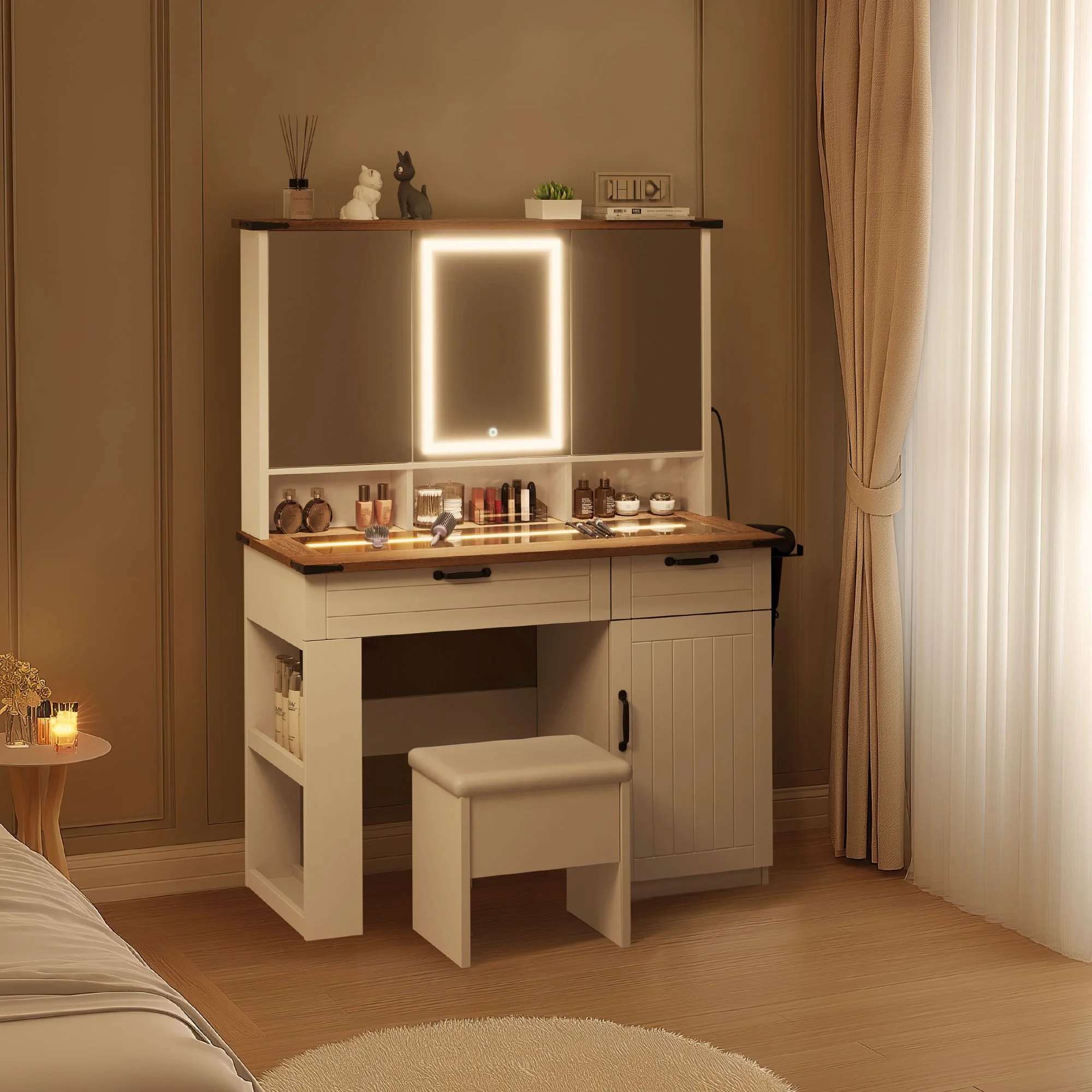 Vcatnet Vanity Table Set with Mirror and Lights Glass Top Makeup Vanity Desk with Storage Shelves and Drawers Dressing Table with LED Lights and USB Charging for Bedroom, Girls and Women