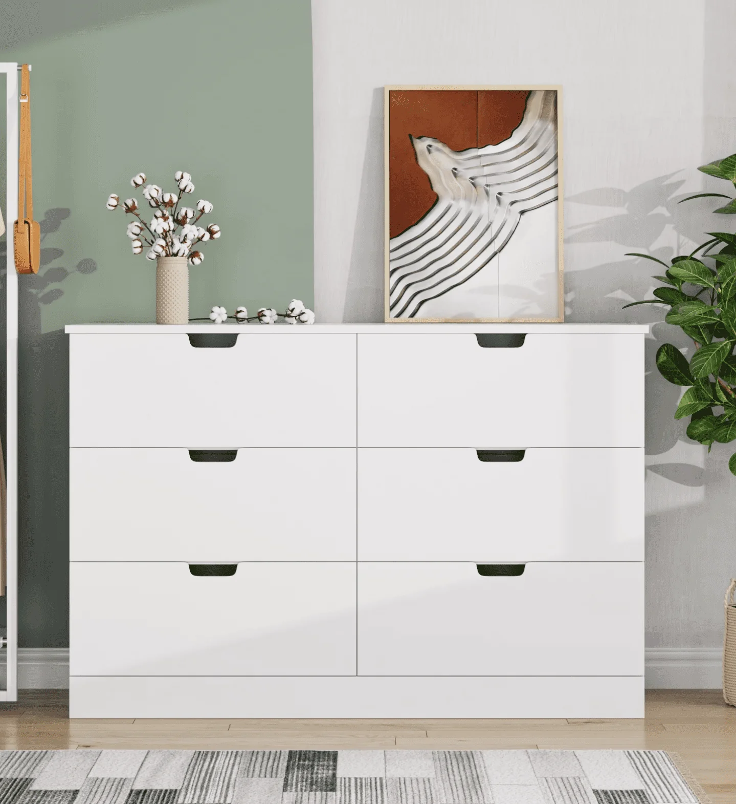 Homfa 6 Drawer Double Dresser for Bedroom, Modern White Chest, Wood Storage Cabinet for Living Room