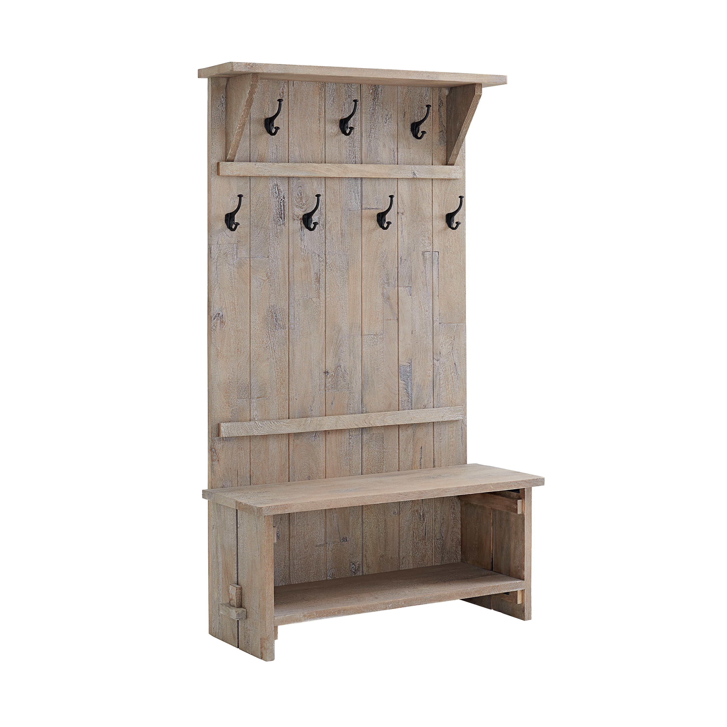 Alaterre Furniture Castleton 70 in. Hall Tree with Bench, Shelves & Coat Hooks C Solid Mango Wood Entryway Organizer in Driftwood Finish
