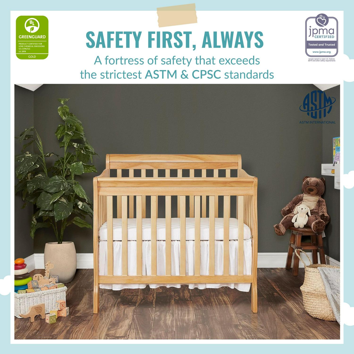 Dream On Me Aden 4-in-1 Convertible Mini Crib In Natural. Greenguard Gold Certified