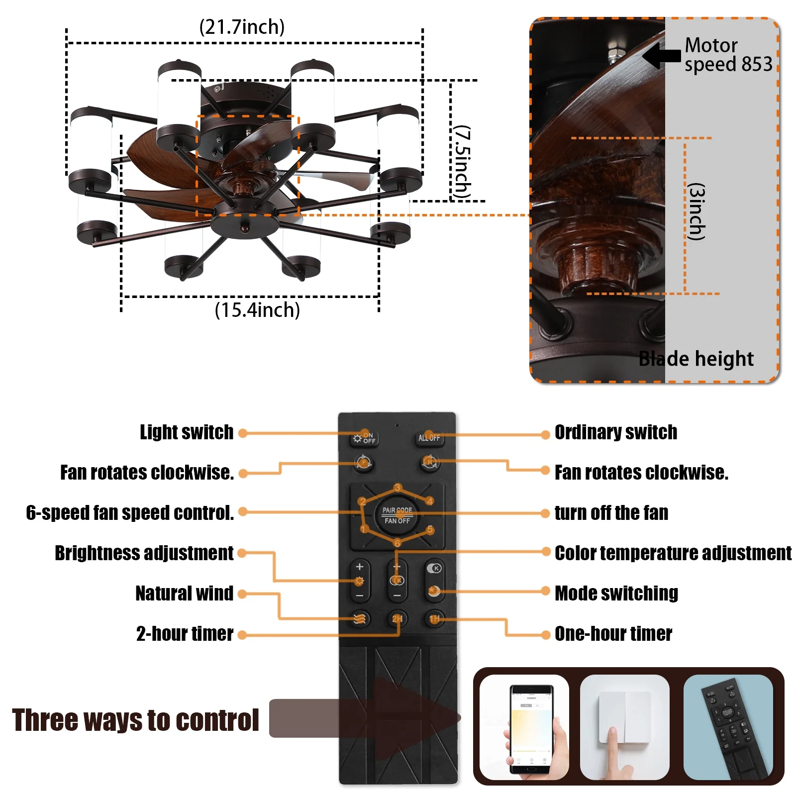 Windmill Ceiling Fan Light 21.7 Inch Flush Mount Fan with Dimmable LED and Remote for Bedroom