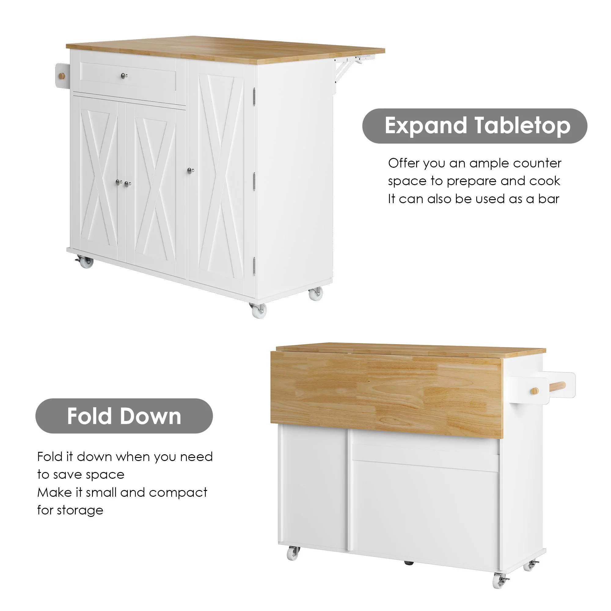 Homfa Kitchen Island with Storage, 27.6" W Wood Kitchen Island Cart with Drop Leaf, White Rolling Cart with Lockable Wheels