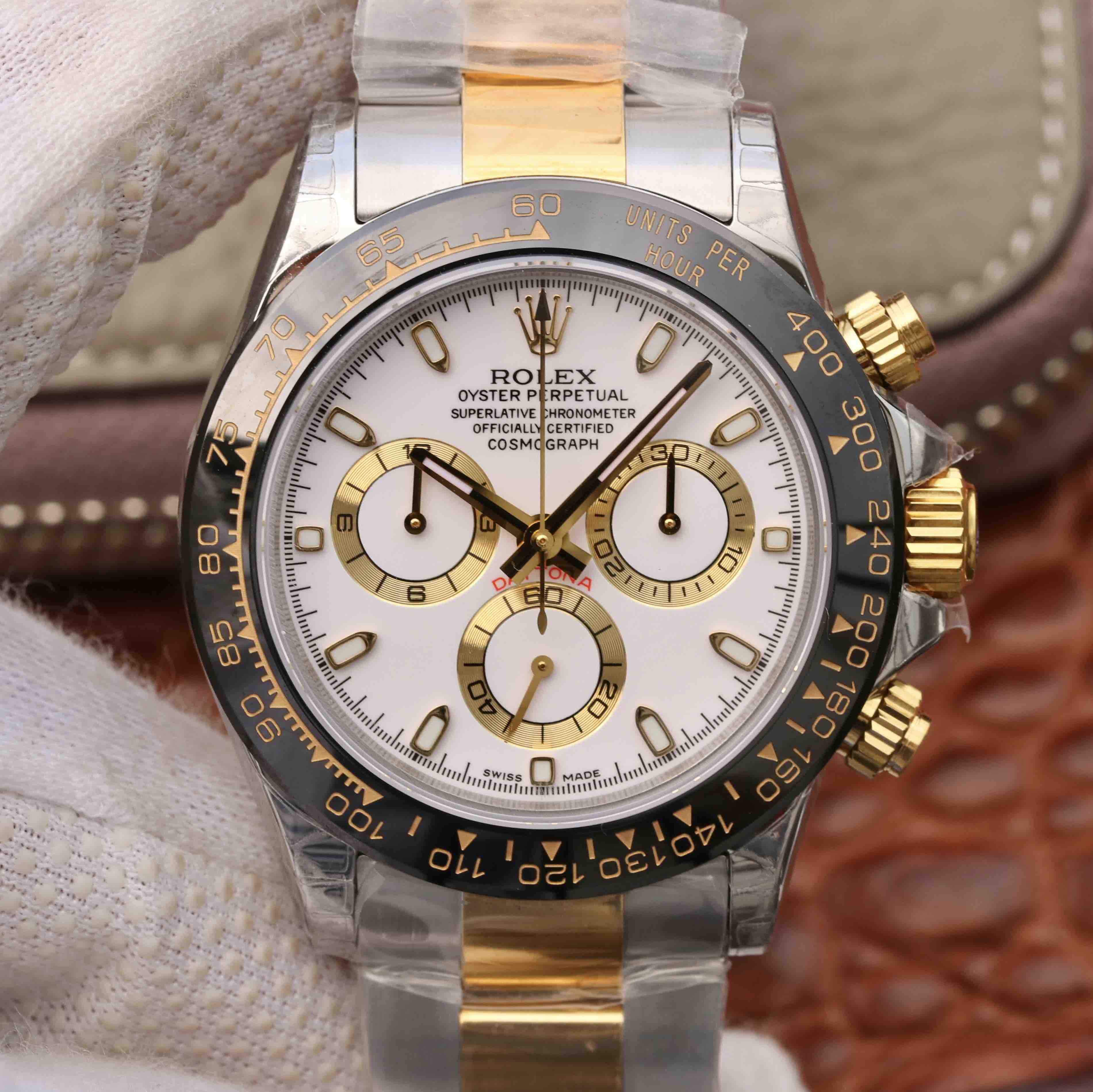 Rolex Watch DAYTONA 40MM GOLD STEEL BLACK BEZEL WHITE DIAL