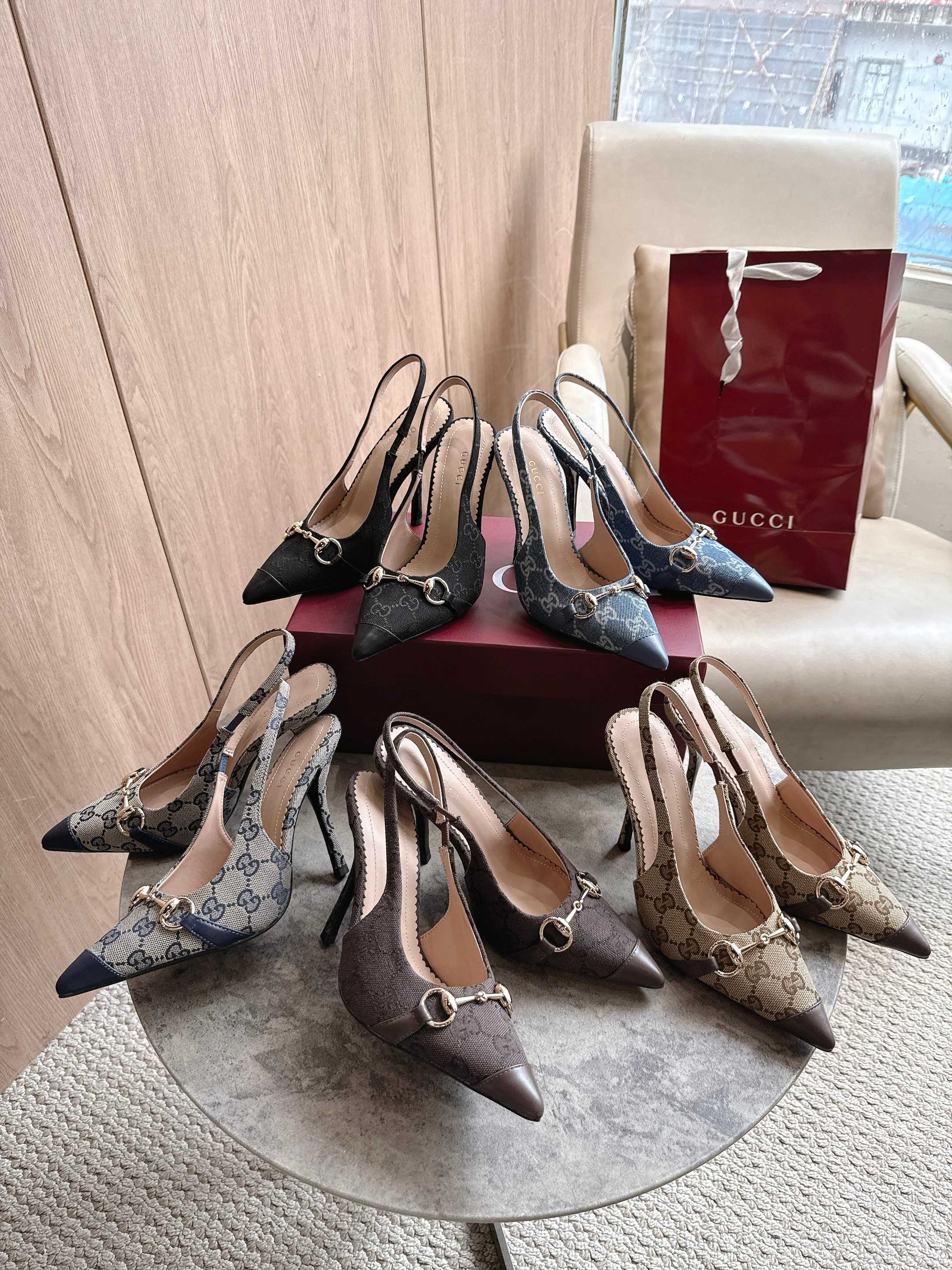 Gucci Gold Horsebit GG Canvas Pointed Toe Slingback Pumps
