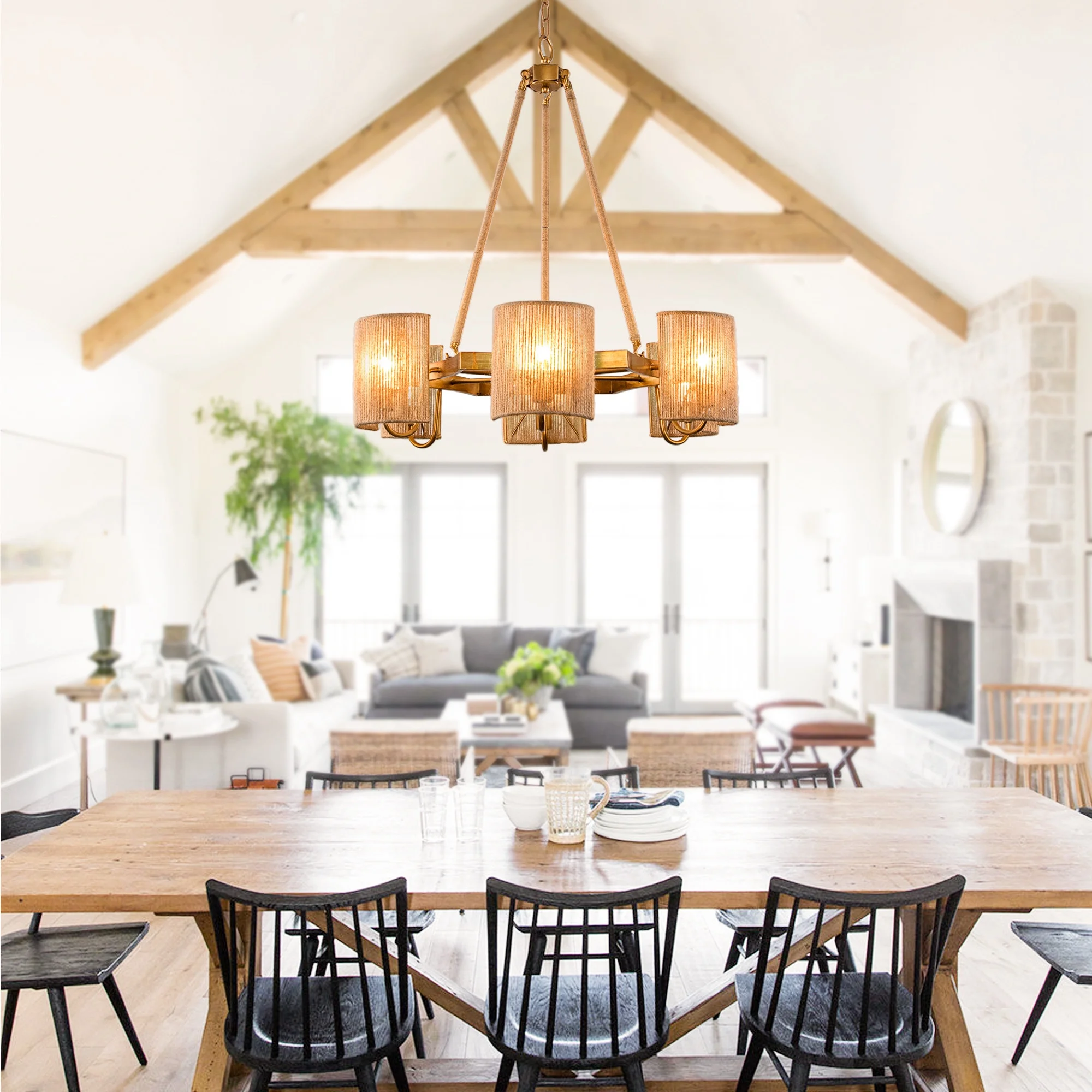 30'' Farmhouse Wood Chandelier, 6-Light Rustic Dining Room Light Fixture, Adjustable Height, Wood Pendant Lighting for Kitchen Living Room Hallway