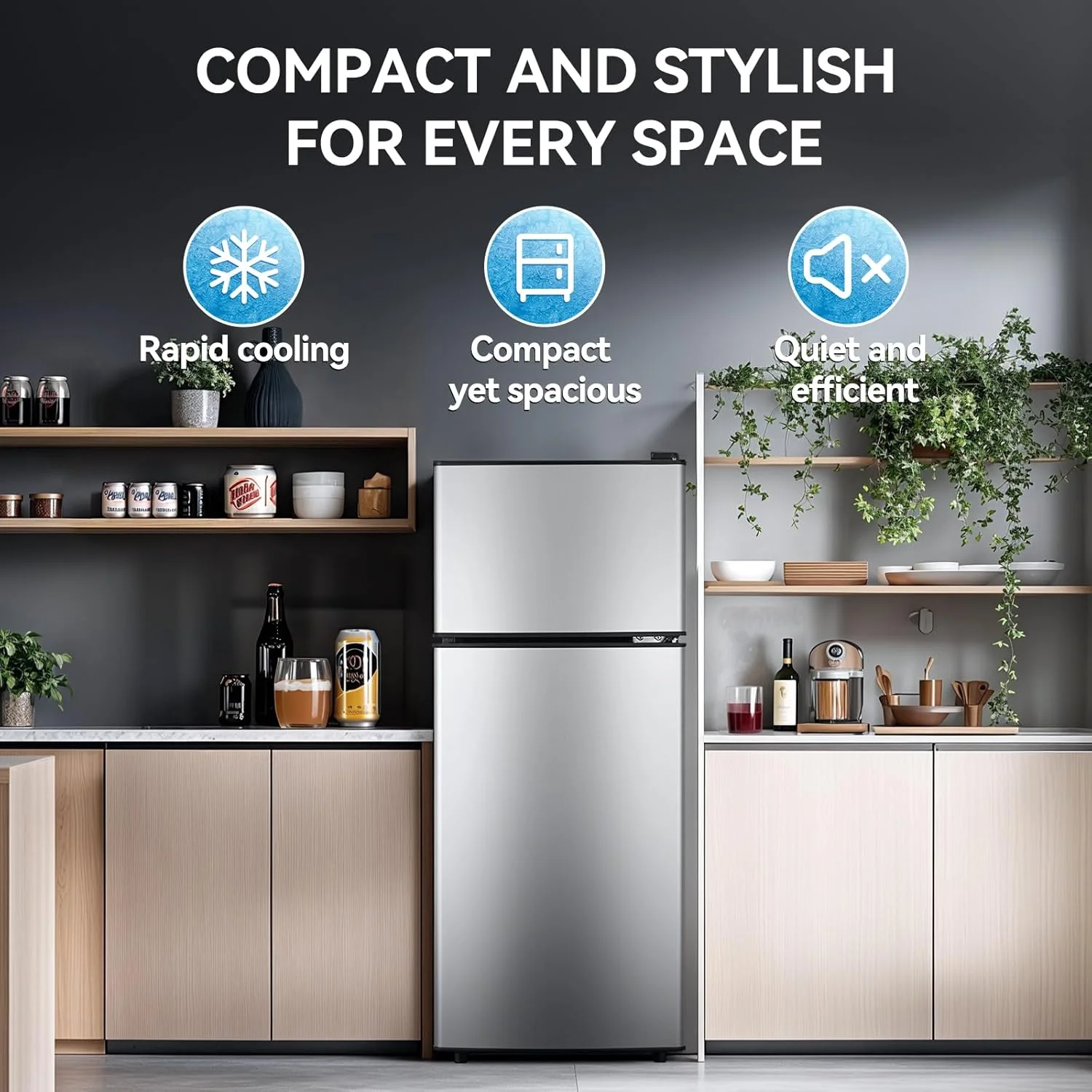 GGTB 3.5 Cu.Ft Fridge with Freezer, Double Door Refrigerator with 6 Level Thermostat, LED Light, Adjustable Glass Shelves for Bedroom, Office, Dorm, Apartment, Silver