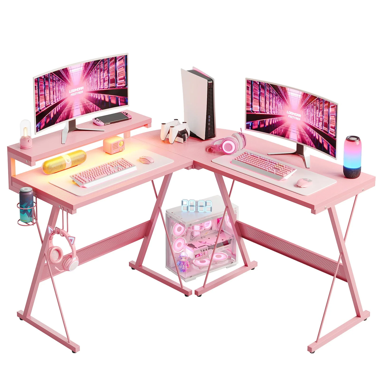 Bestier Pink Computer Desk with LED Light L-Shaped Desk Gaming Computer Desk with Monitor Stand