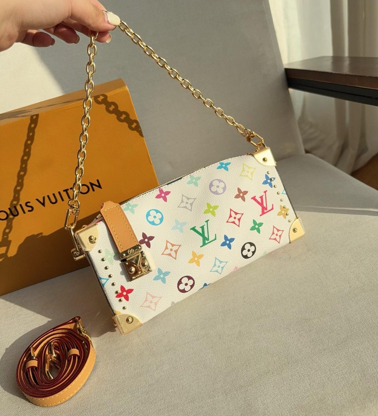 LV × TM Side Trunk MM East West White Multicolore Monogram S-Lock Soft Shoulder Bag