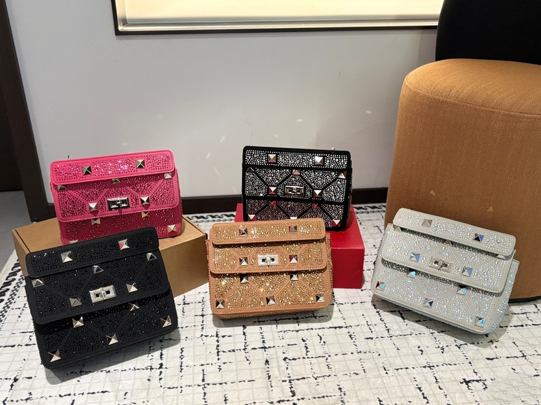 Valentino Bling Rockstud Spike Boxy Suede All-over Crystal Large Stud Twist-lock Flap Shoulder Bag