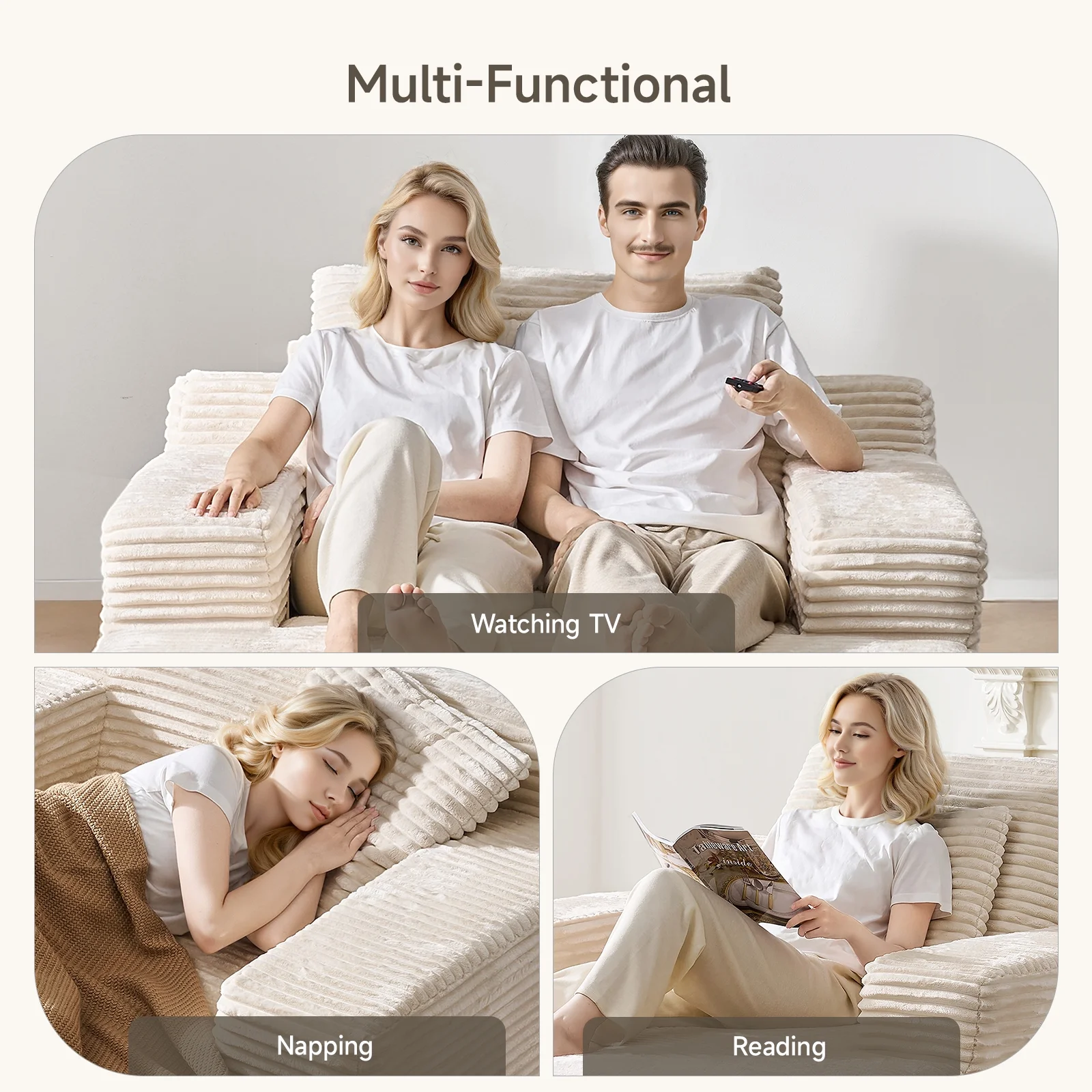 65" Corduroy Cloud Sleeper Chaise Lounge Chair, No Assembly Sofa Bed with Pillows, Beige