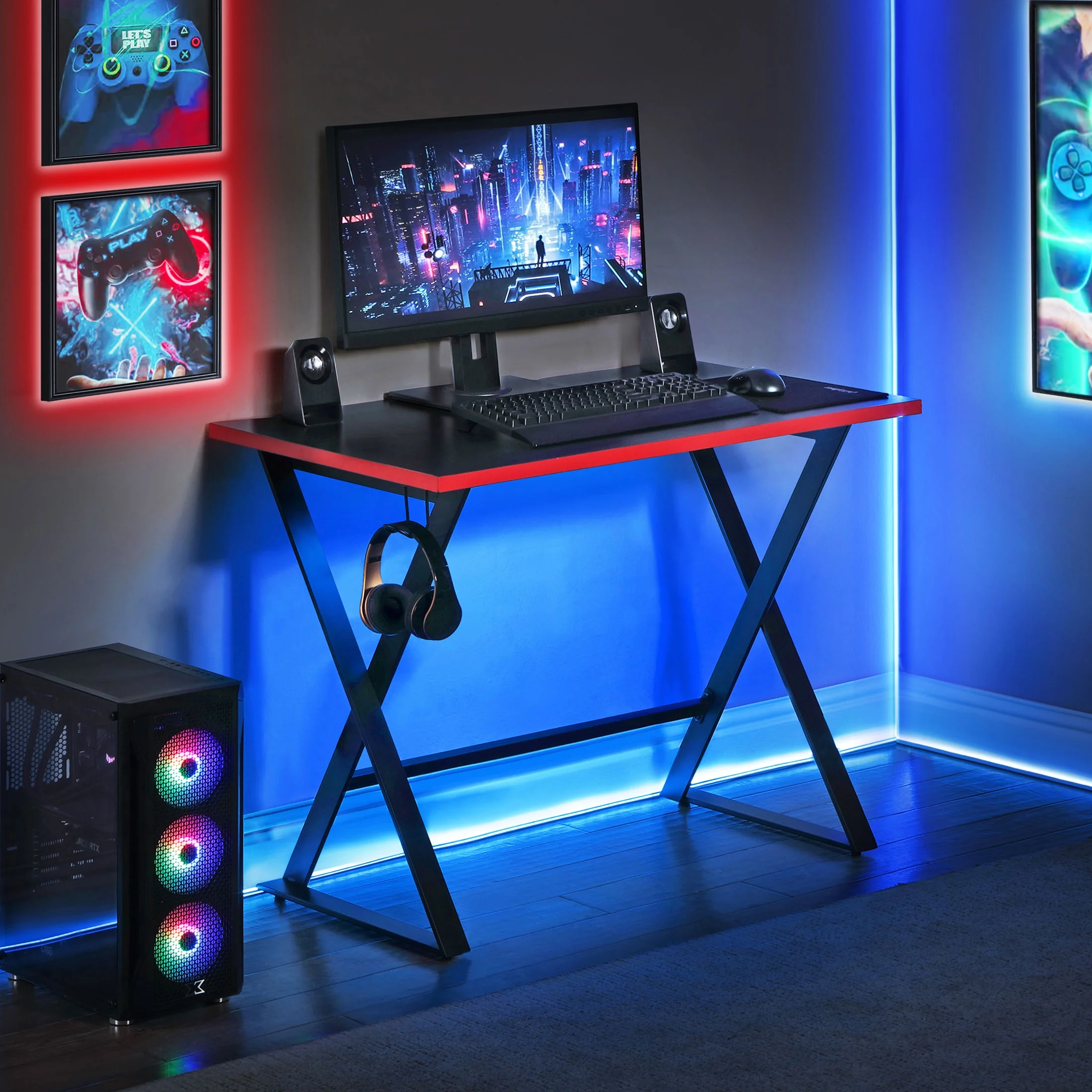 Gamer Gear Jr. Gaming Desk with LED Lighting, Teens and Kids, Red and Black