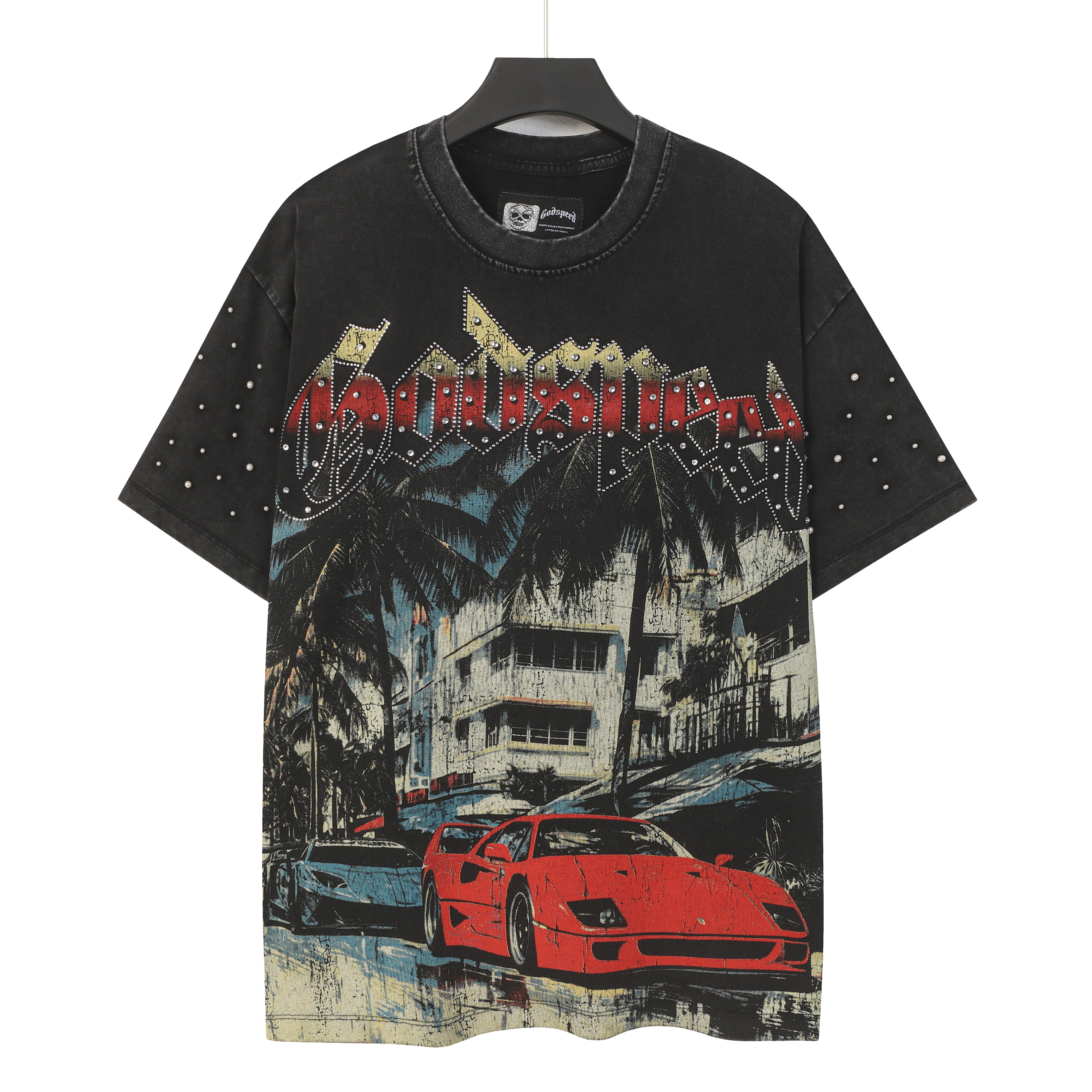 Red vehicle retro building print short-sleeved shirt