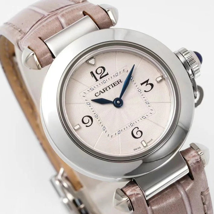 Cartier Watch pasha 30mm quartz stainless steel pink dial light brown leather