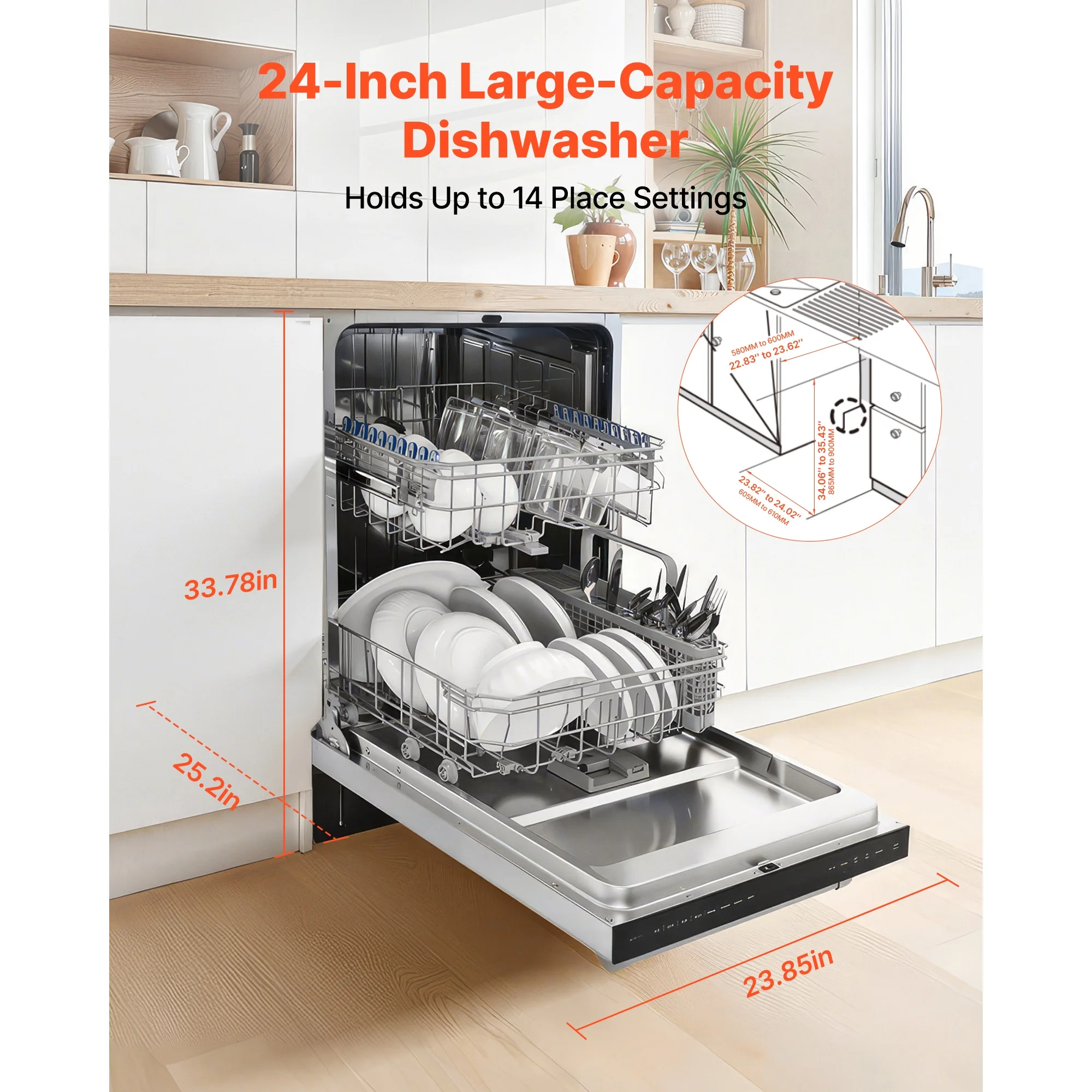 KFFKFF 24-Inch Built-In Dishwasher with Stainless Steel Interior, 14 Place Settings, 8 Wash Cycles, Quiet Operation, Adjustable Racks, and Zoned Storage, Dimensions: 23.82 x 25.2 x 33.78 Inches