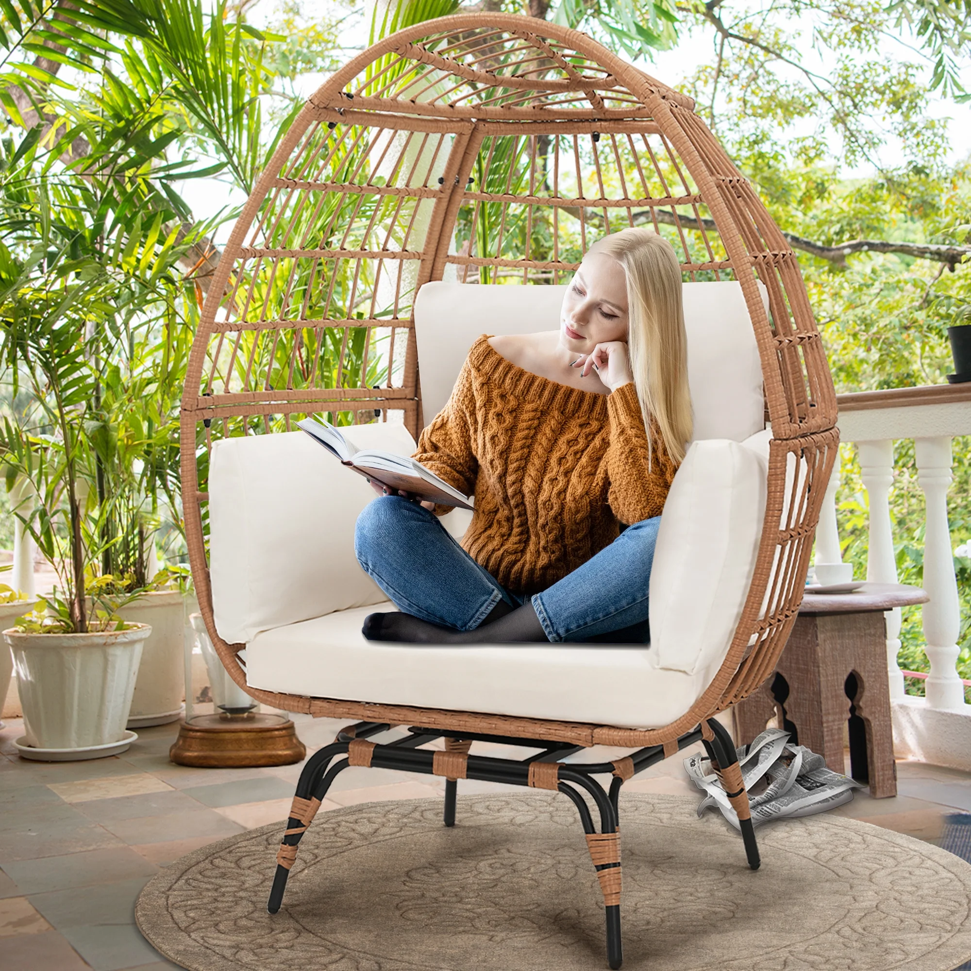 Skandiquip Oversized Rattan Adult Egg Chair, 360 Swivel, Outdoor Patio Chair with overstuffed Cushions, Indoor Large Wicker Egg Chair, Natural Rattan, Beige Cushion
