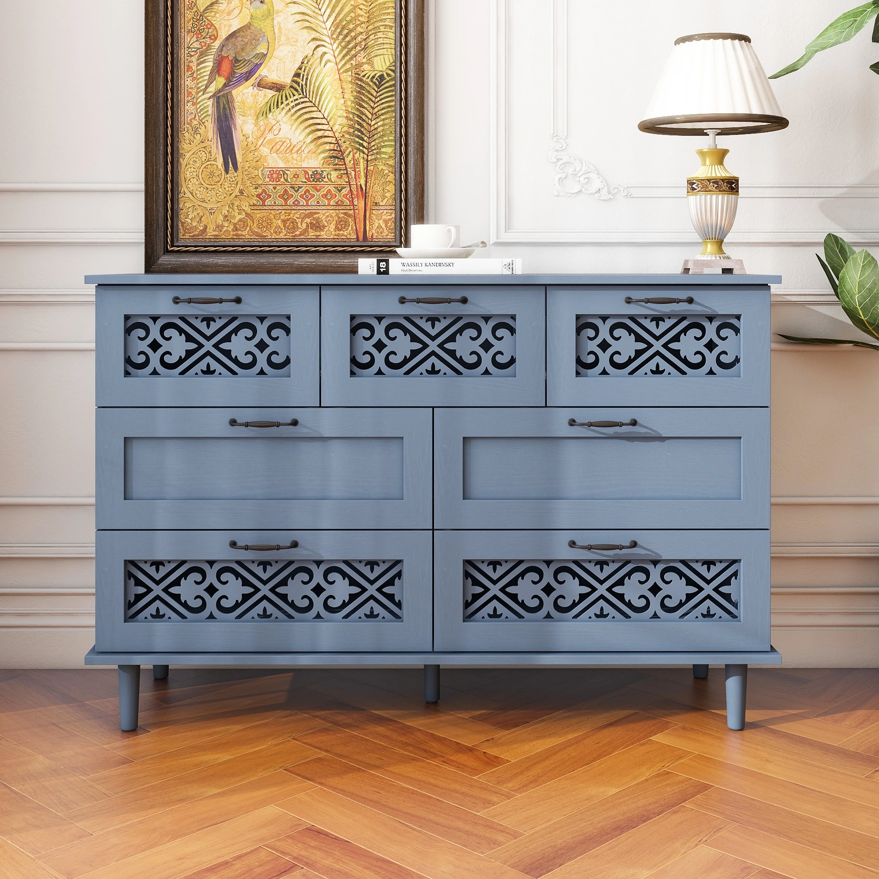 KINFFICT Sideboard Storage Cabinet with 7 Drawers, Mid-Century 47"L Accent Cabinet for Living Room, Bedroom, Blue