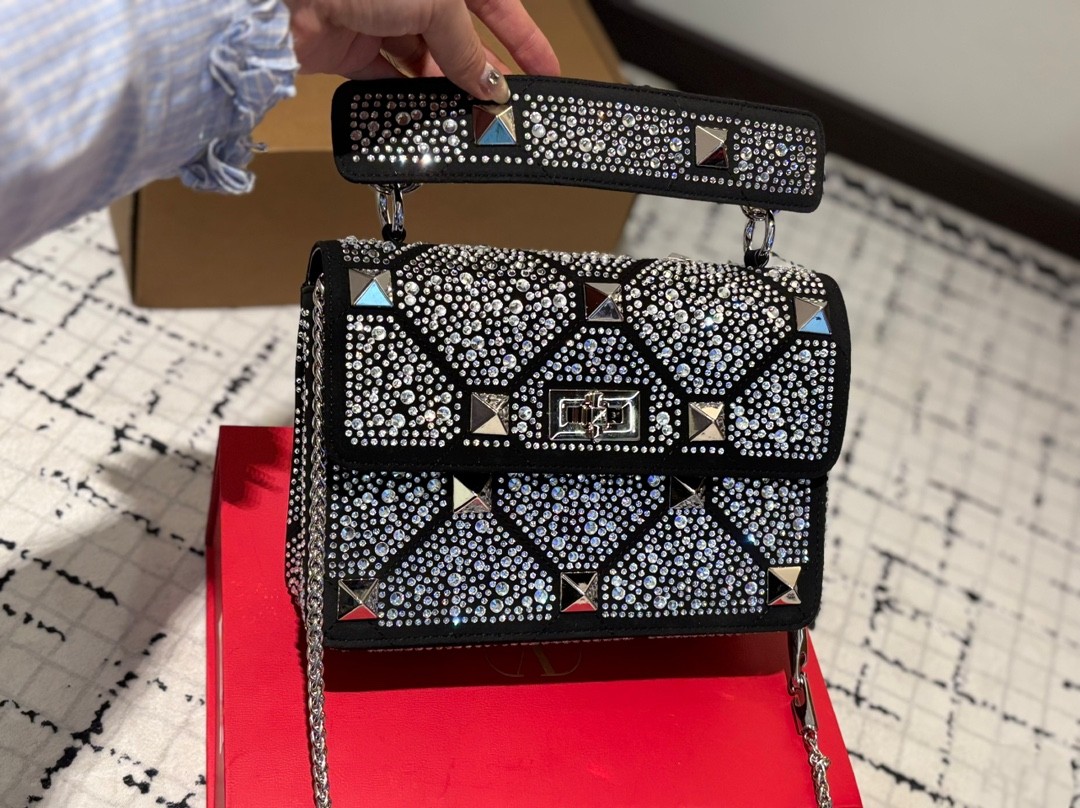 Valentino Bling Rockstud Spike Boxy Suede All-over Crystal Large Stud Twist-lock Flap Shoulder Bag