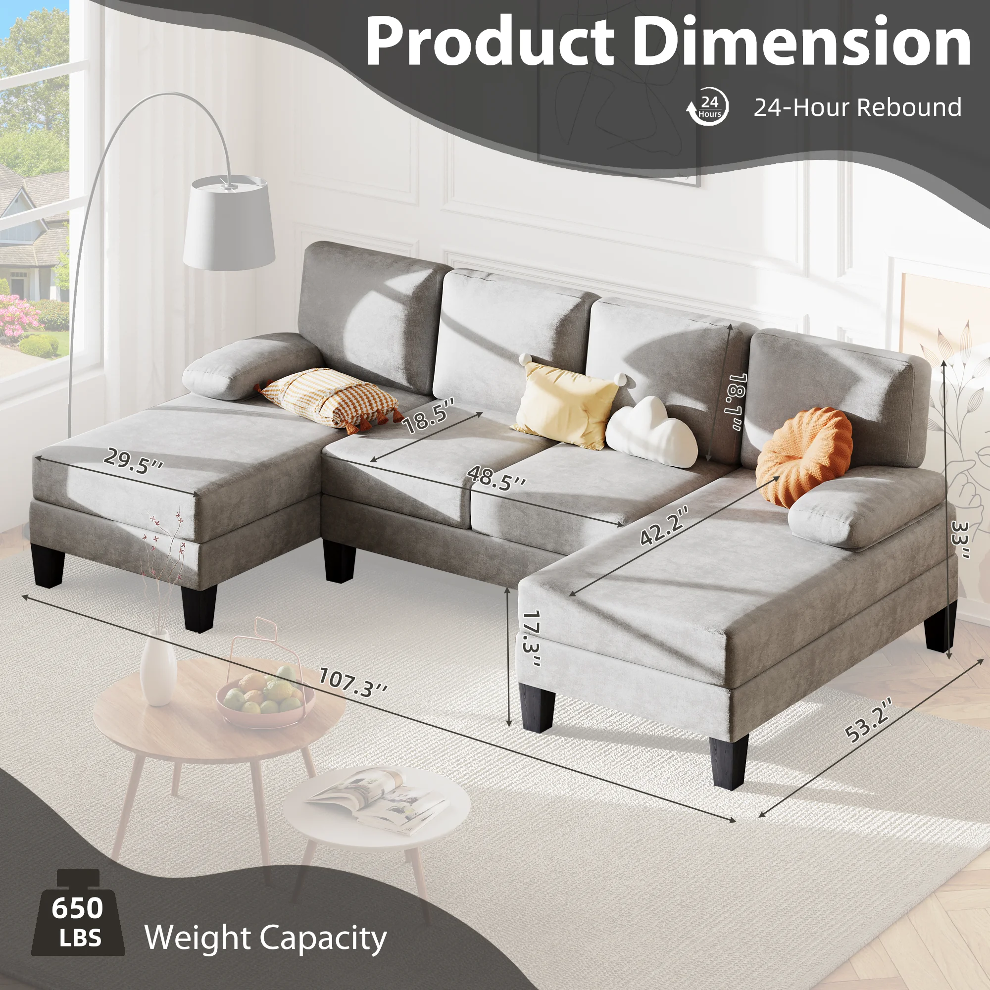 Bezseller U-Shaped Sectional Sofa, 110" Chenille Couch for Living Room, Light Grey