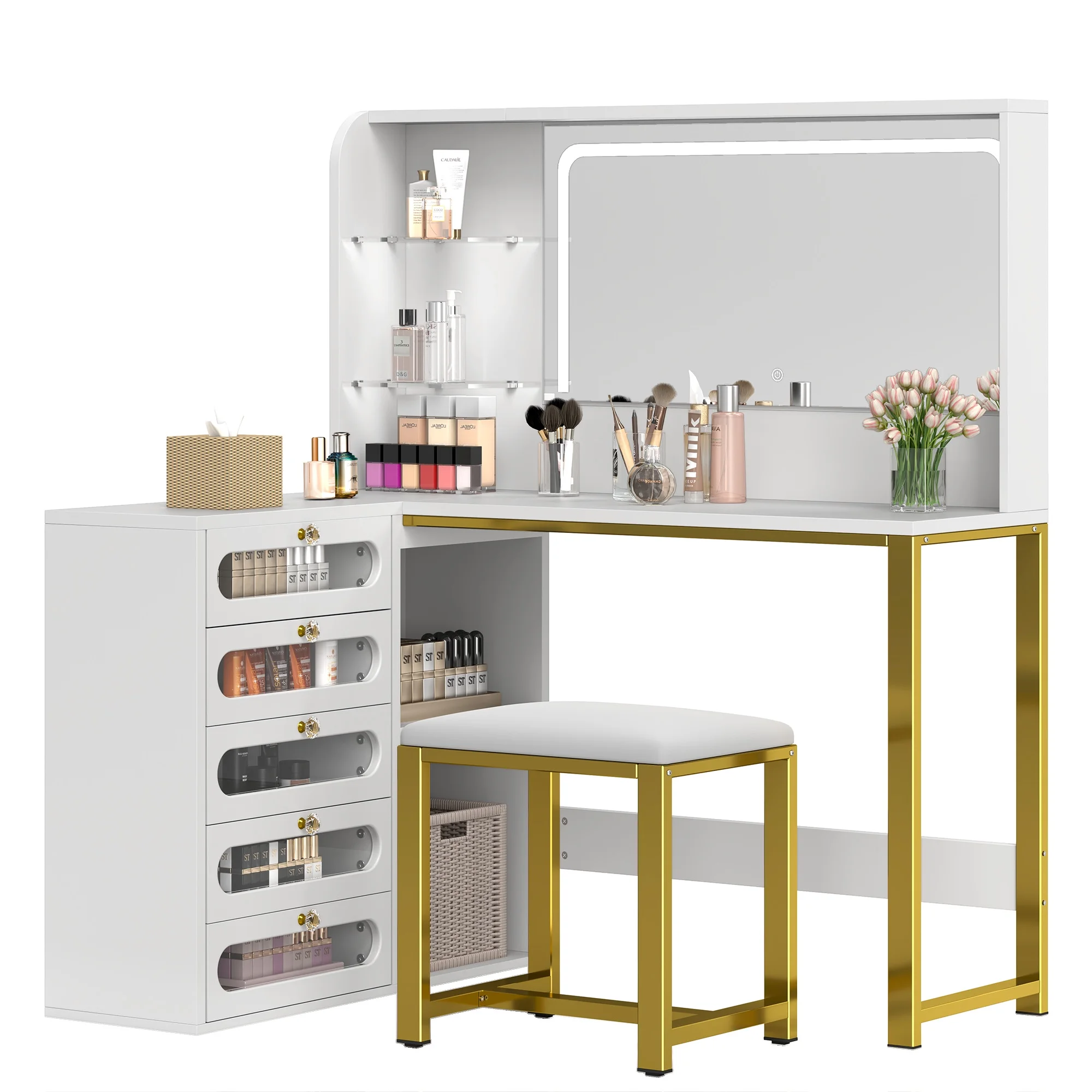 ModFusion 5-Drawer Makeup Vanity Table Set with LED Mirror, Stool, Adjustable Shelves & Storage C White & Gold
