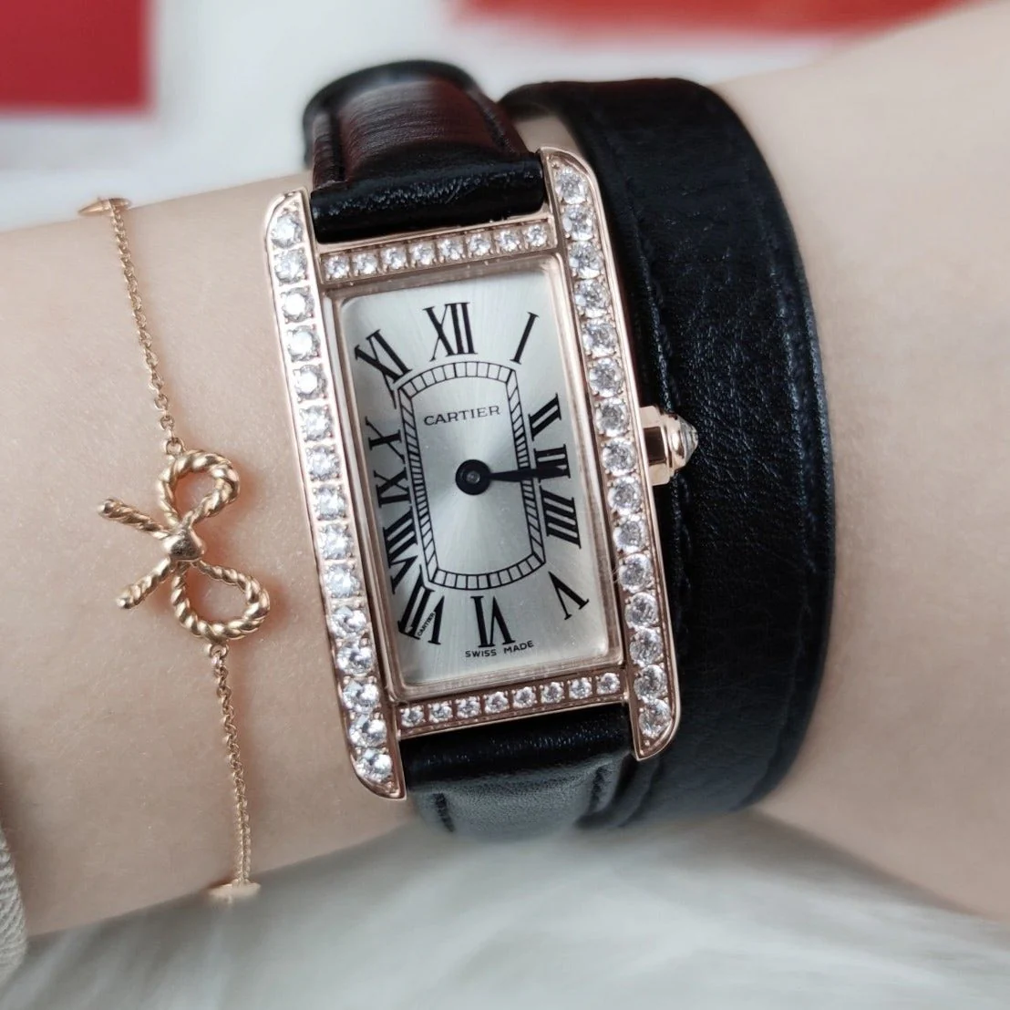 Cartier Watch TANK AMERICAINE QUARTZ ROSE GOLD DIAMOND BEZEL SILVER DIAL
