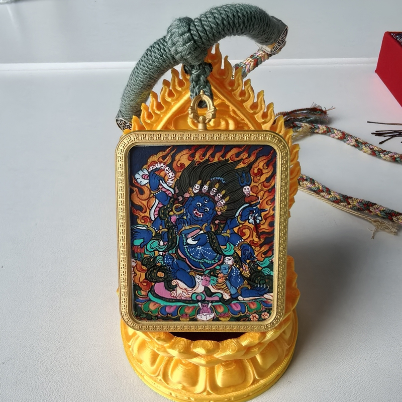 Hand-Painted Six-Armed Mahakala Pendant Necklace - Tibetan Buddhist Protector & Gold Frame • Multi-Armed Deity • Spiritual Armor Jewelry