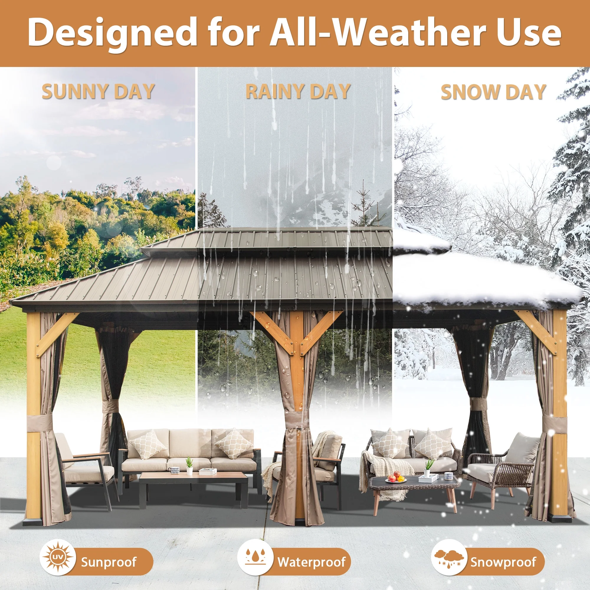 Domi 12x20 ft Wood Gazebo, Cedar Wood Frame Hardtop Gazebo with Galvanized Steel Double Roof, Outdoor Gazebo with Netting and Curtains, Patio Gazebo Pergola Pavilion for Patio, Backyard, Deck, Lawns