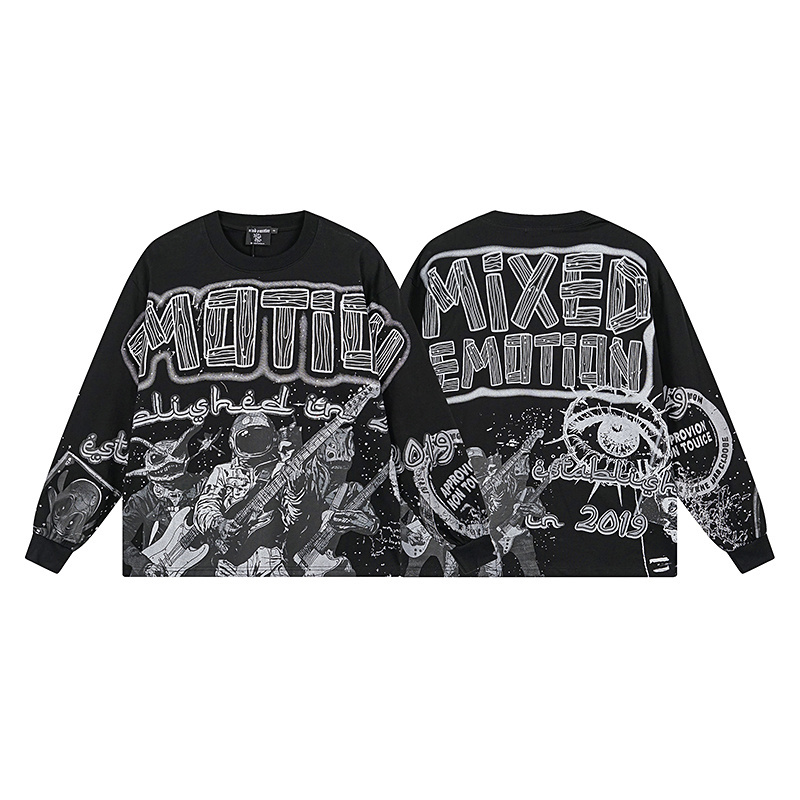 Alien with gun technology-style printed black round-neck sweater