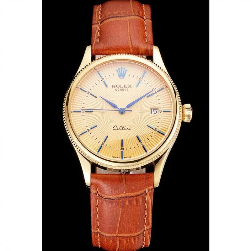 Swiss Rolex Cellini Date Gold Guilloche Dial Gold Case Light Brown Leather Strap