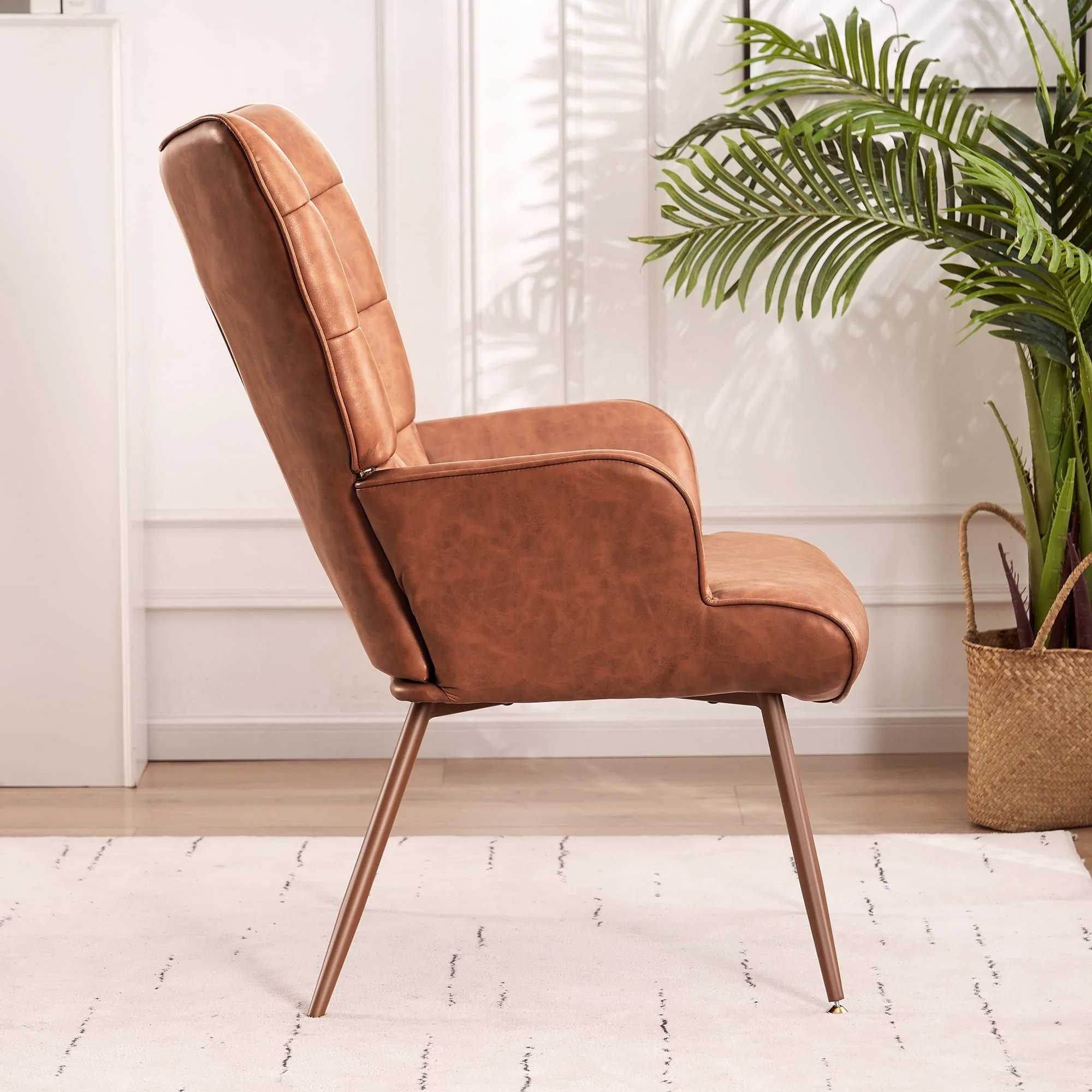 Unikome Livingroom Chairs  Mid-Century Modern Accent Chair, Faux Leather Wingback Accent Chair PU Leather Accent Chair for Home Office/Living Room/Bedroom, Brown