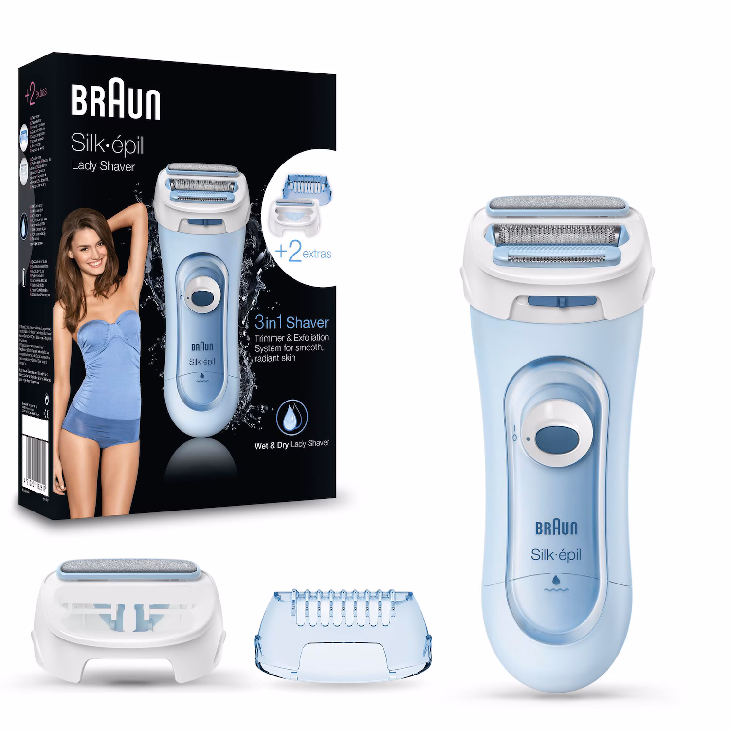 3-in-1 Damenrasierer Wet & Dry mit Trimmer- und Peeling-Aufsatz, blau
