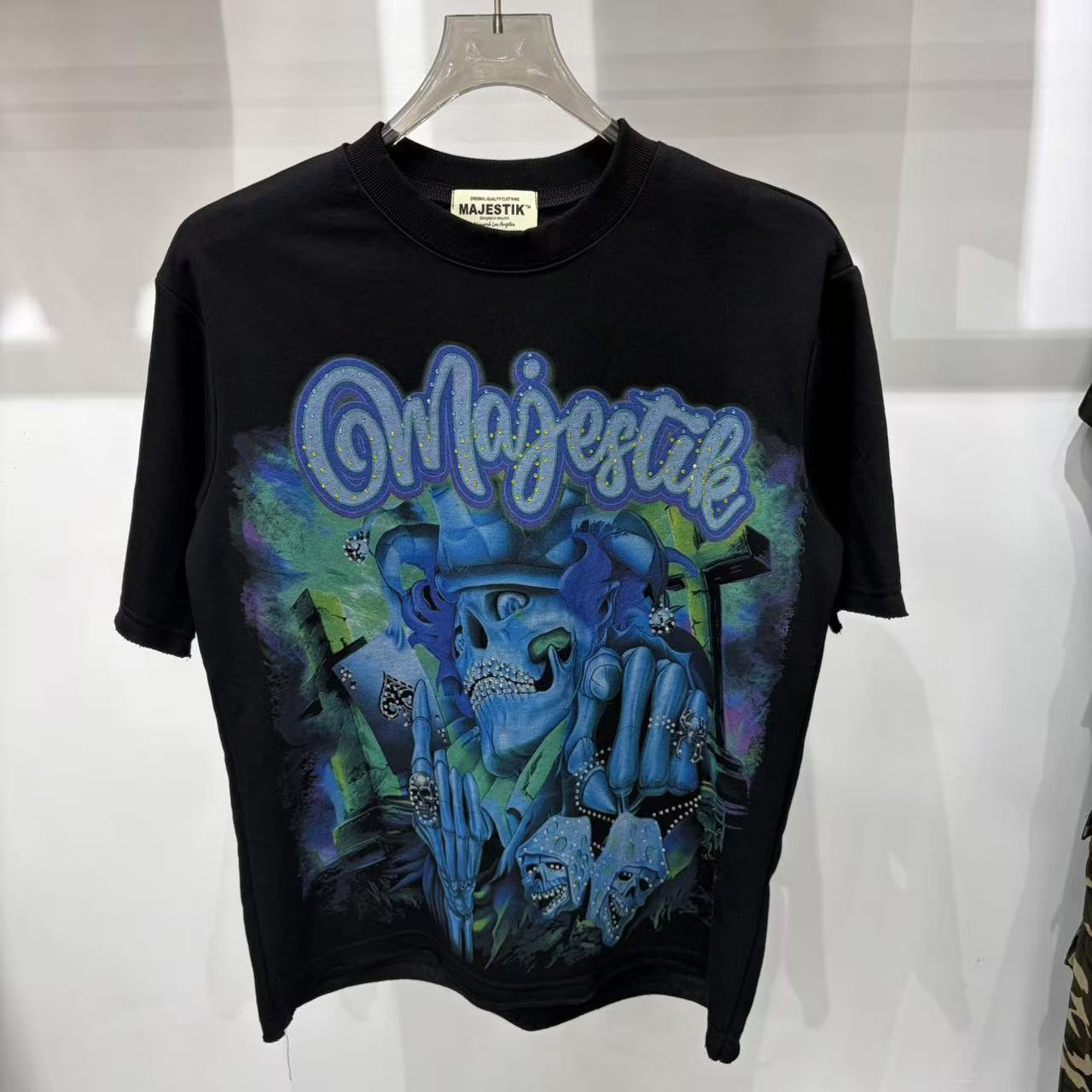 Blue-themed dark punk style skull print short-sleeved shirt