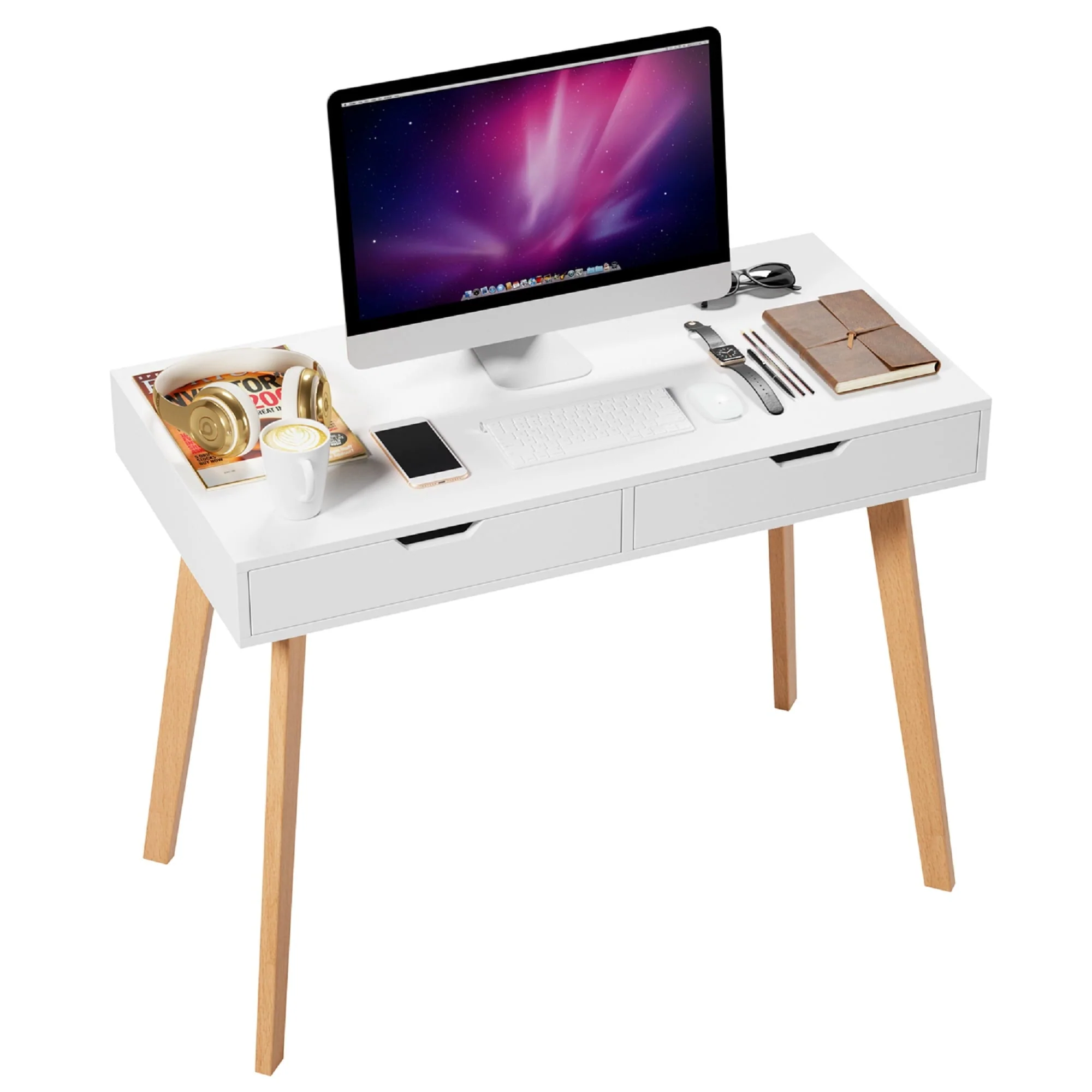 Homfa White Desk with Drawers, Study Work Desk Table for Home Office Writing