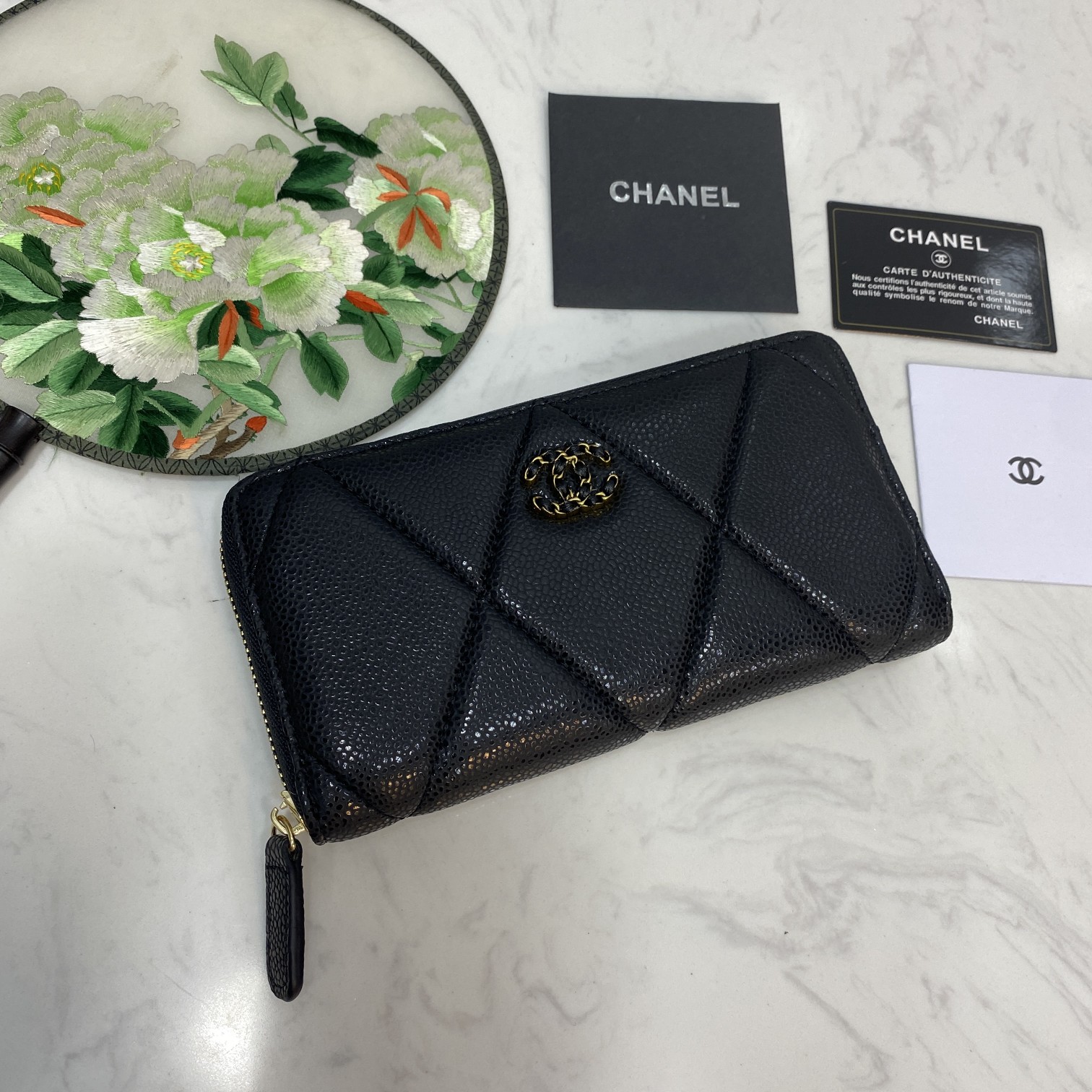 Chanel Boy Zip Around Wallet Quilted Caviar Long-Fishseed Pattern Gold Wallet