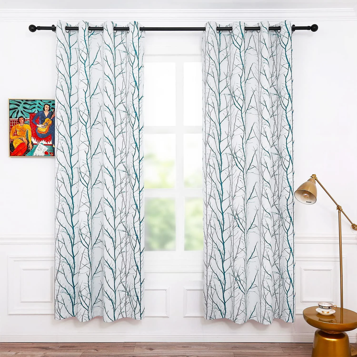 Anjee Blackout Curtains 96 Inches Long Set of 2 for Bedroom, Teal Tree Print Fashion Grommet Light Blocking Window Panels for Living Room 52" x 96"