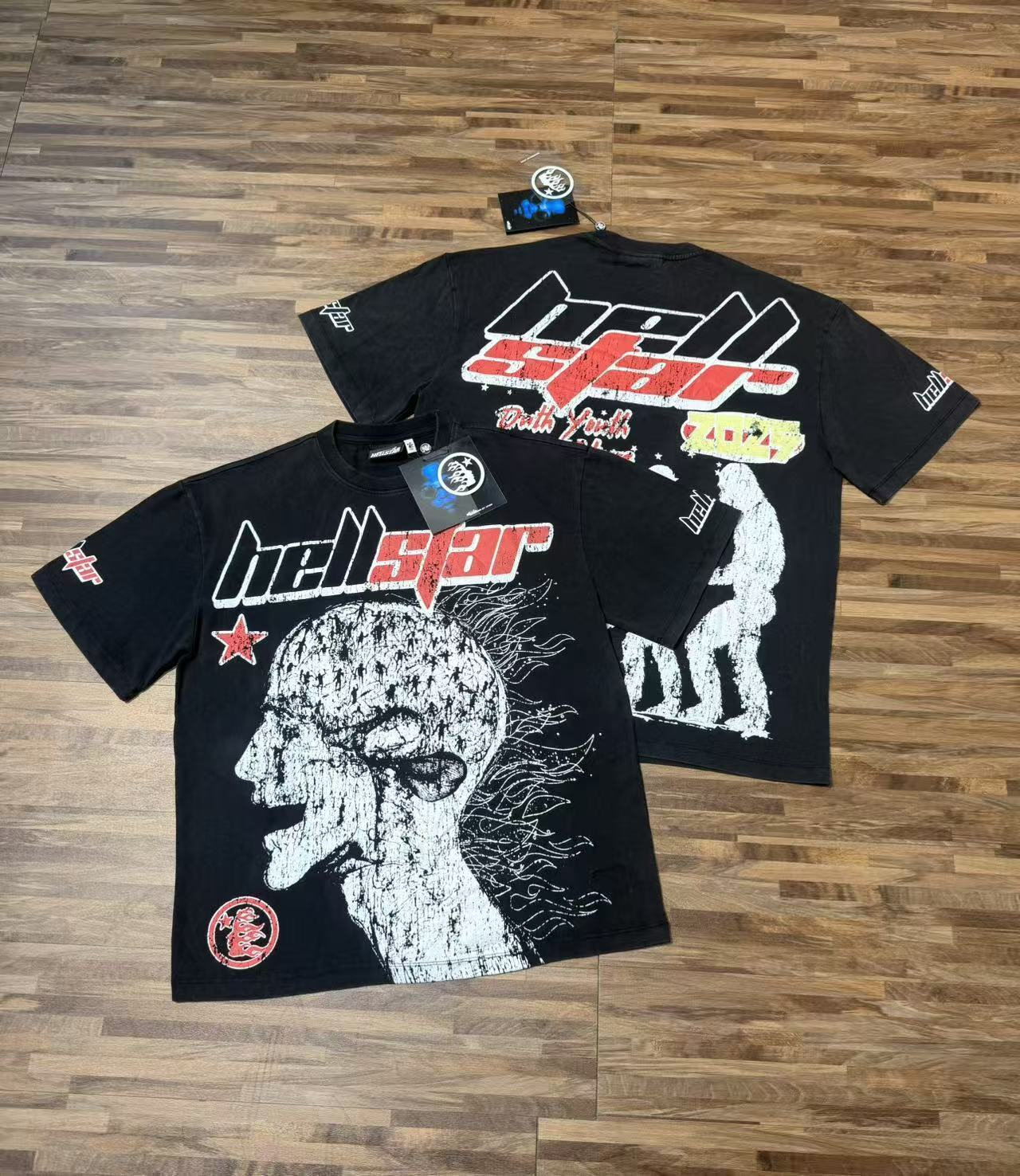 Washed black T-shirt with large abstract logo print